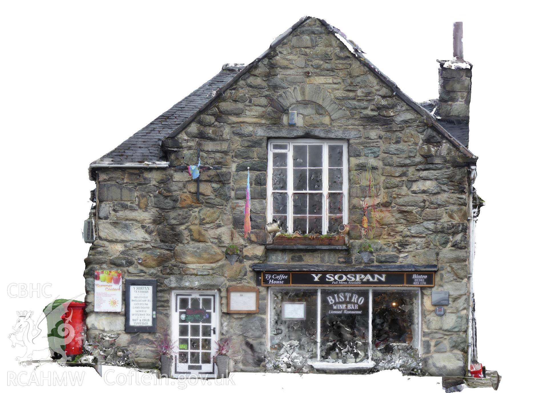 Photogrammic elecvation showing front of Y Sospan, Llys Owain, Dolgellau, looking south east at the building from Queen's Square. Produced by I. P. Brooks of the Engineering Archaeological Services Ltd in June 2019.