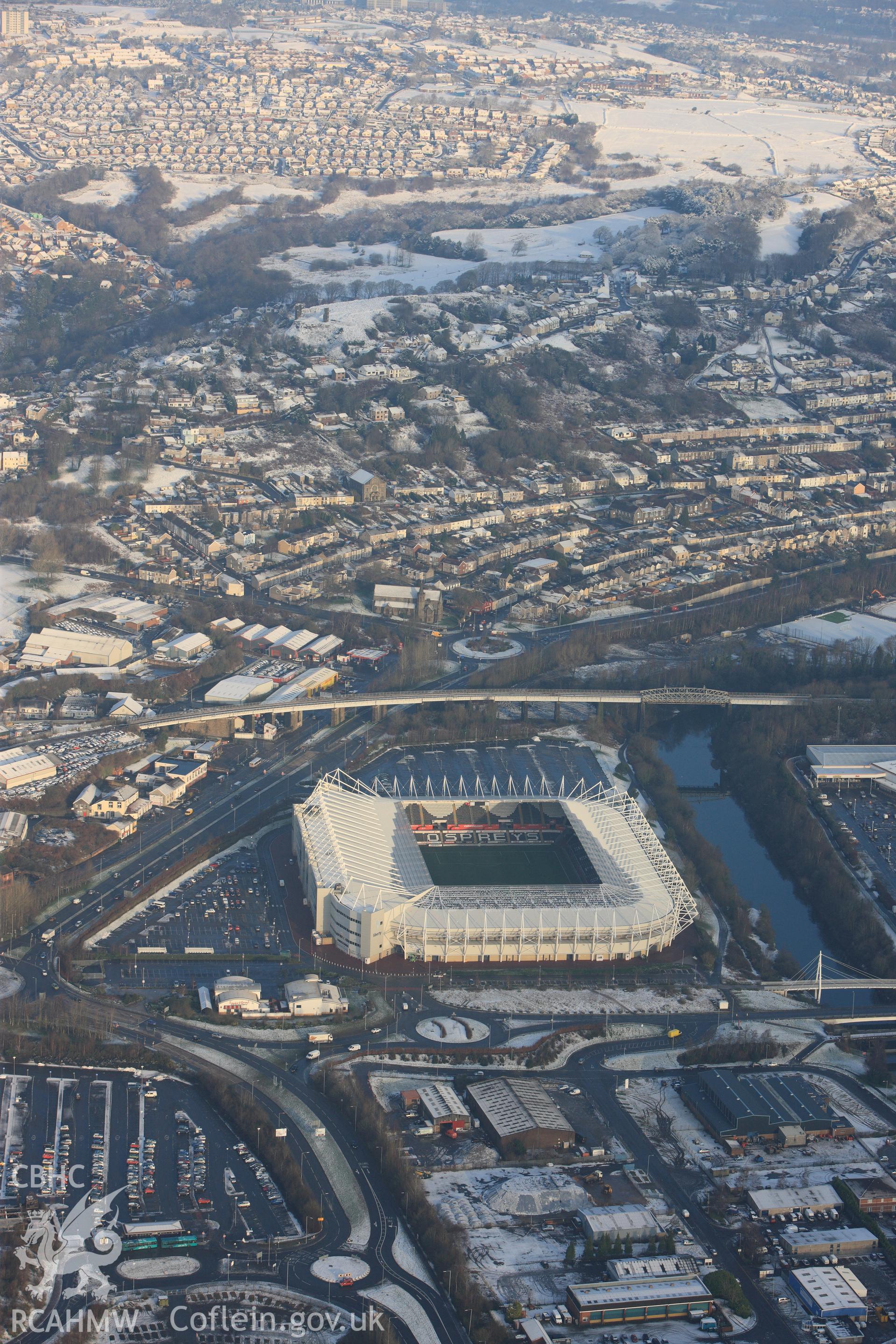 Liberty Stadium, Swansea. Oblique aerial photograph taken during the Royal Commission?s programme of archaeological aerial reconnaissance by Toby Driver on 24th January 2013.