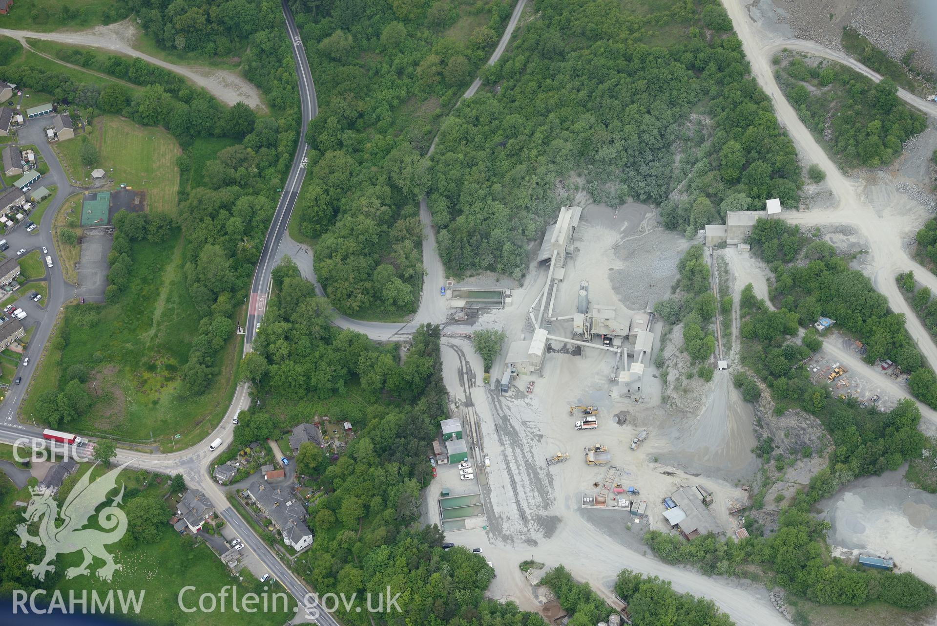 Llanelwedd stone quarry. Oblique aerial photograph taken during the Royal Commission's programme of archaeological aerial reconnaissance by Toby Driver on 11th June 2015.