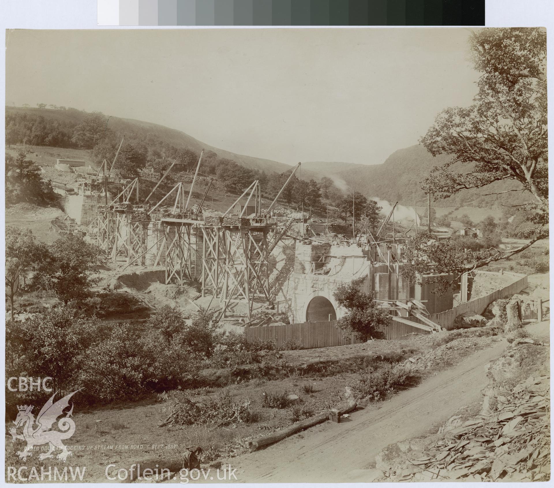 Digital copy of an albumen print from Edward Hubbard Collection showing Garreg Ddu looking upstream from road, taken September 1897.