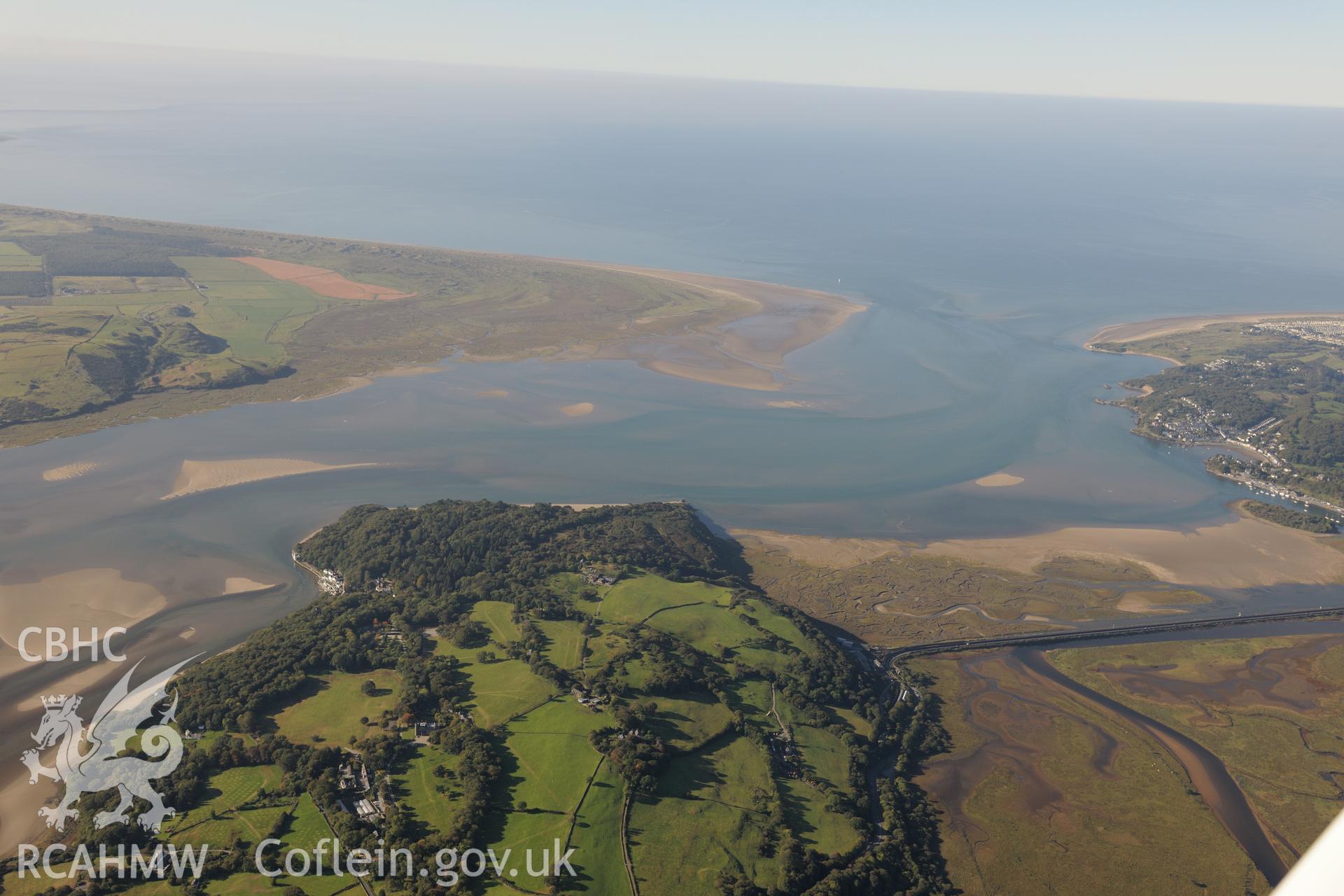 The village of Portmeirion, south of Porthmadog. Oblique aerial photograph taken during the Royal Commission's programme of archaeological aerial reconnaissance by Toby Driver on 2nd October 2015.