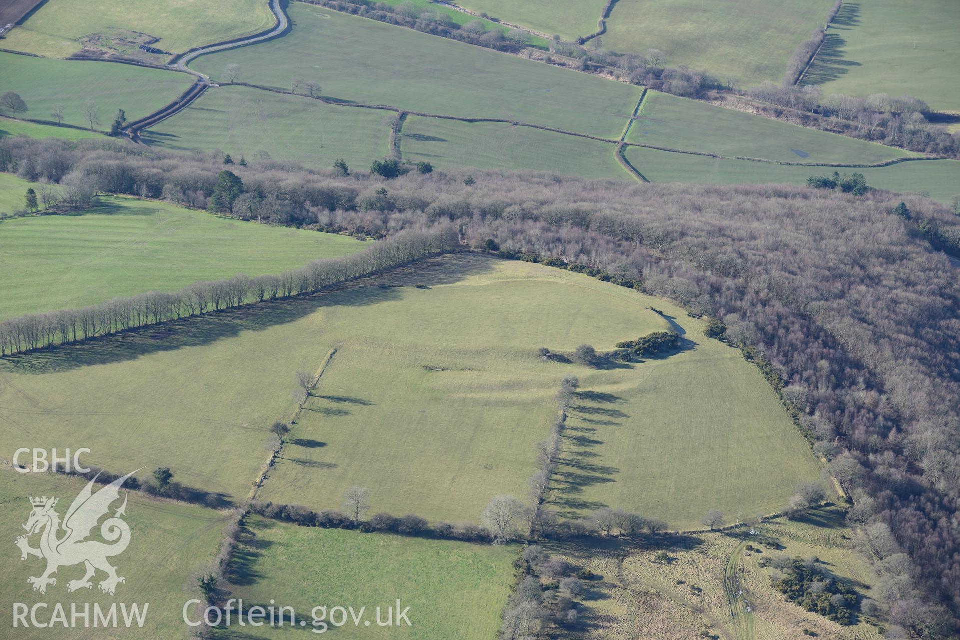 Castell Allt-goch hillfort, north east of Lampeter. Oblique aerial photograph taken during the Royal Commission's programme of archaeological aerial reconnaissance by Toby Driver on 4th February 2015.