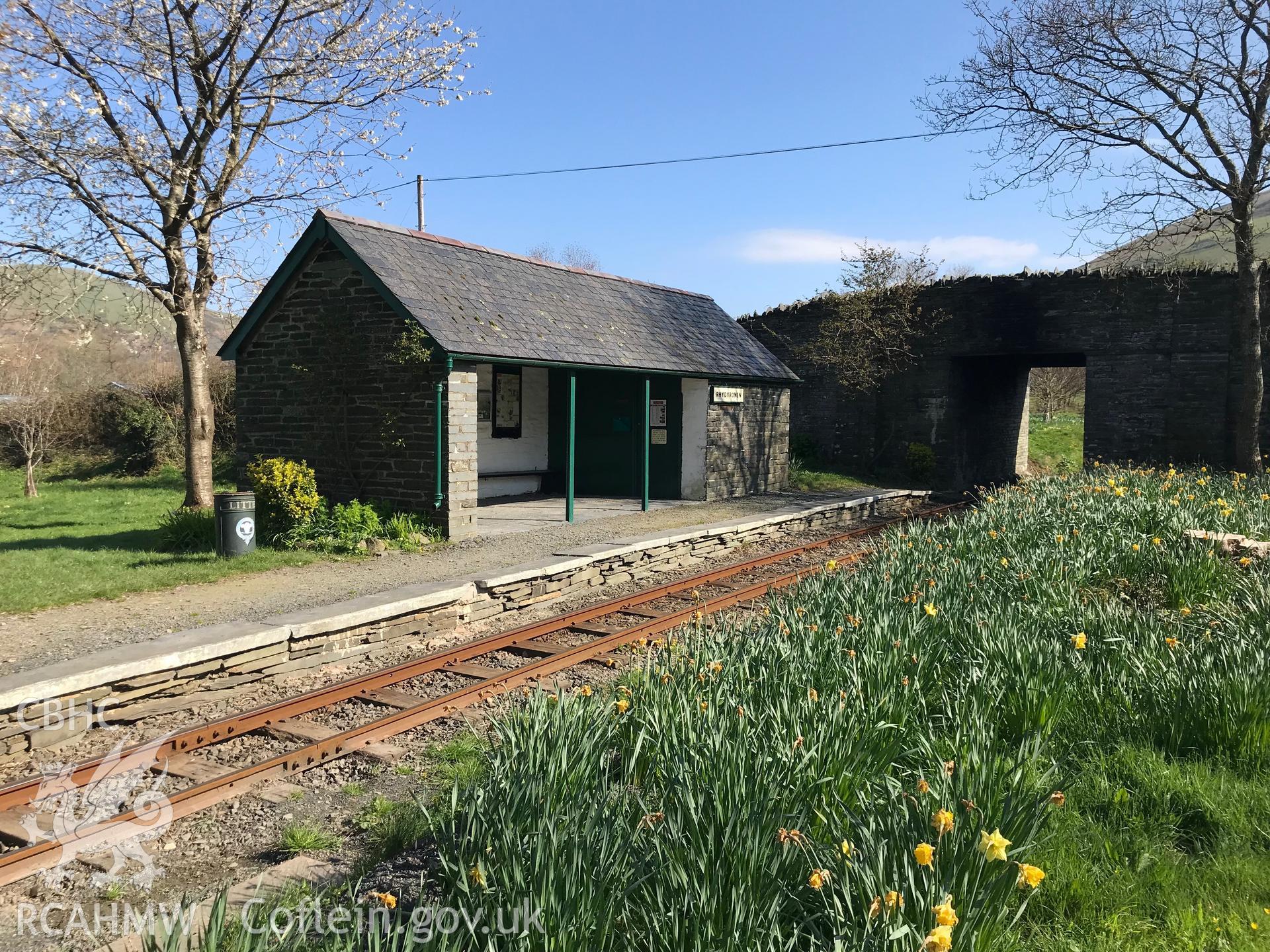 Digital colour photograph showing exterior view of Rhyd-yr-Onen railway station, Bryncrug, north east of Tywyn, taken by Paul R. Davis on 28th March 2019.