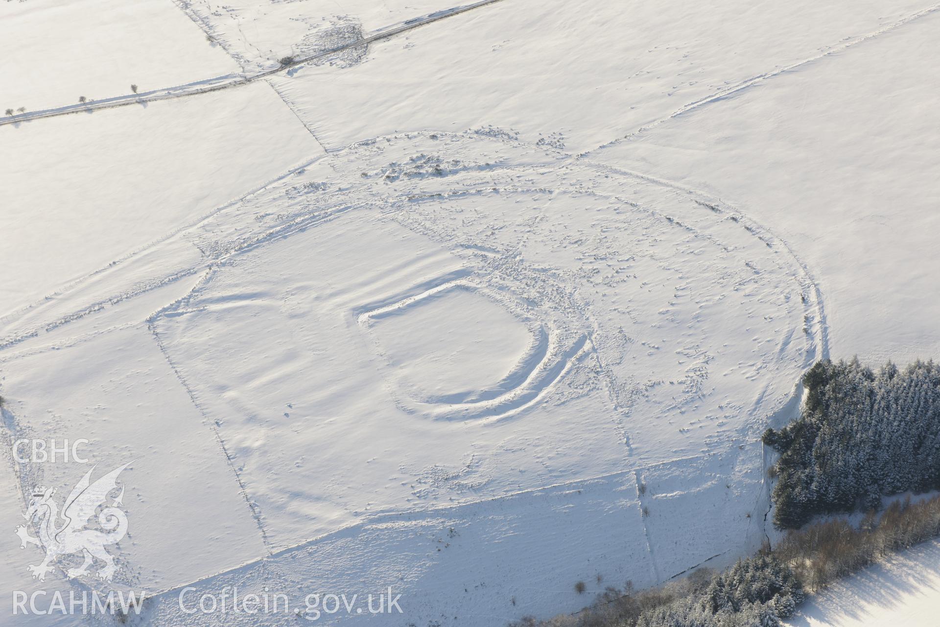 Y Bwlwarcau hillfort, on the eastern edge of Margam Forest, south of Maesteg. Oblique aerial photograph taken during the Royal Commission?s programme of archaeological aerial reconnaissance by Toby Driver on 24th January 2013.