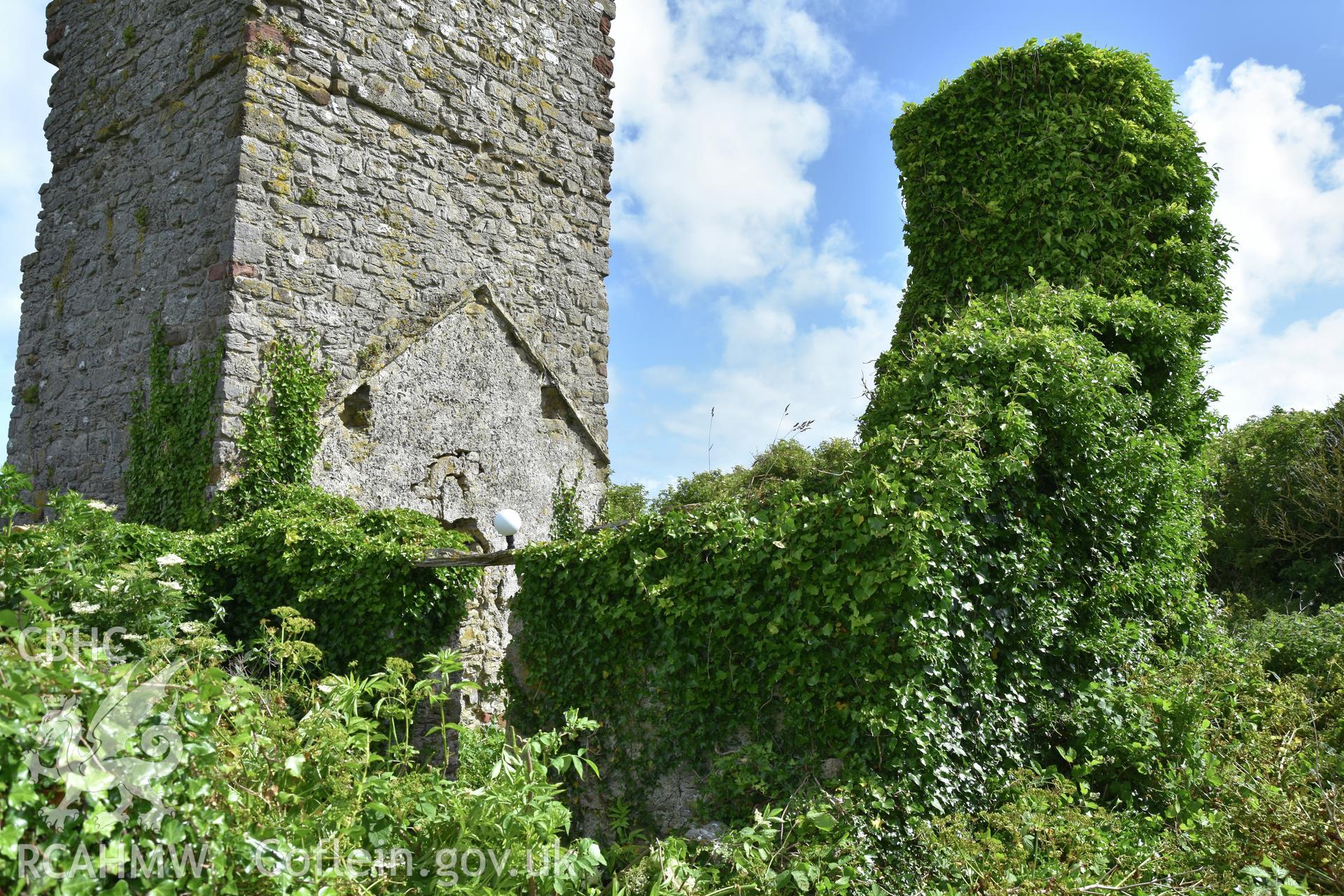 Investigator's photographic survey of the church on Puffin Island or Ynys Seiriol for the CHERISH Project. View showing the post medieval cottage on the south side of the tower, occupying the former transept of the church. ? Crown: CHERISH PROJECT 2018. Produced with EU funds through the Ireland Wales Co-operation Programme 2014-2020. All material made freely available through the Open Government Licence.