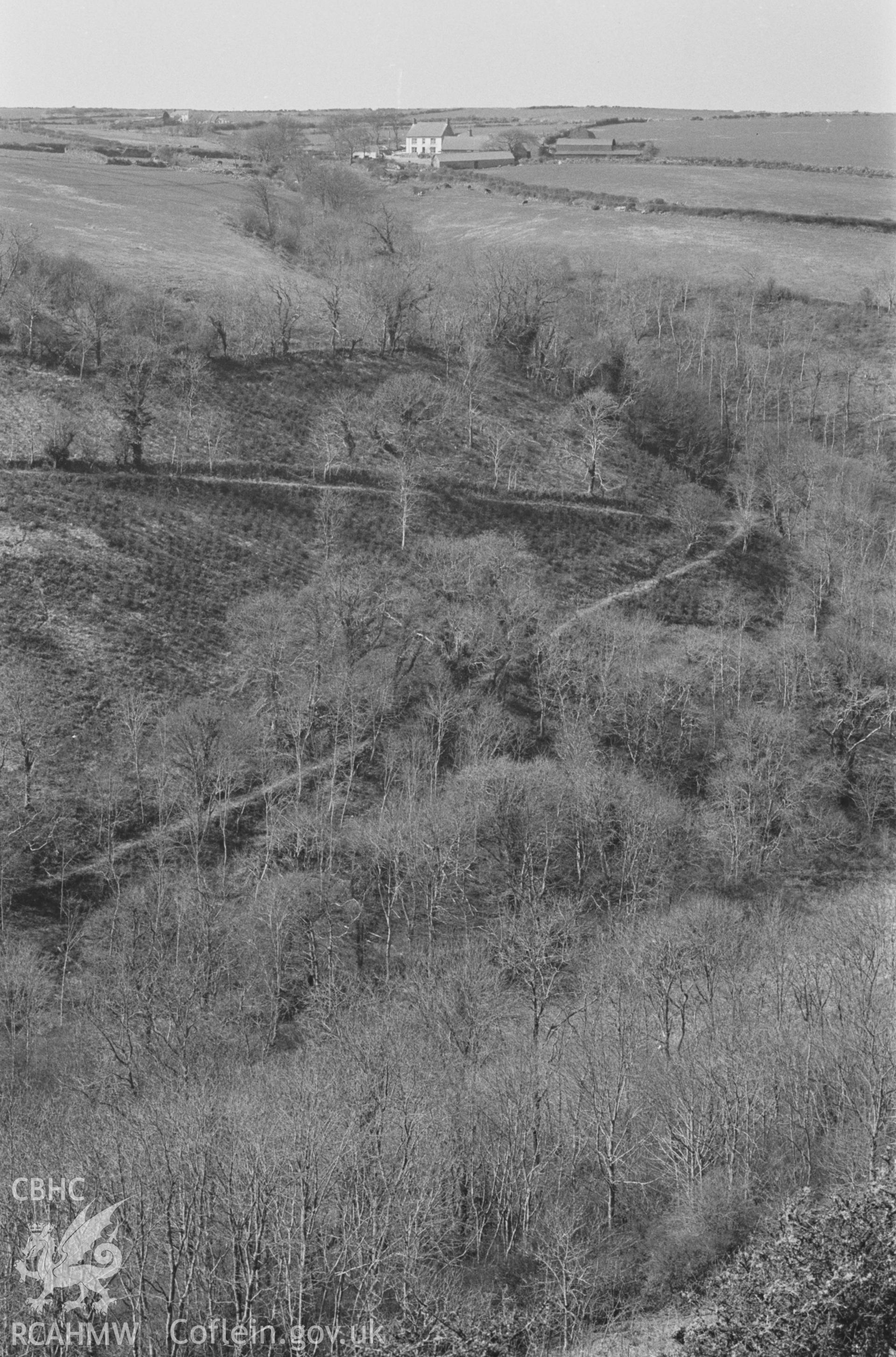 Digital copy of a black and white negative showing view looking across the Nant Fothau from near the Castell to Ciliau Farm; Gaer-Wen farm almost on horizon to left. Photographed by Arthur O. Chater in April 1968. (Looking north west from Grid Reference SN 355 557)