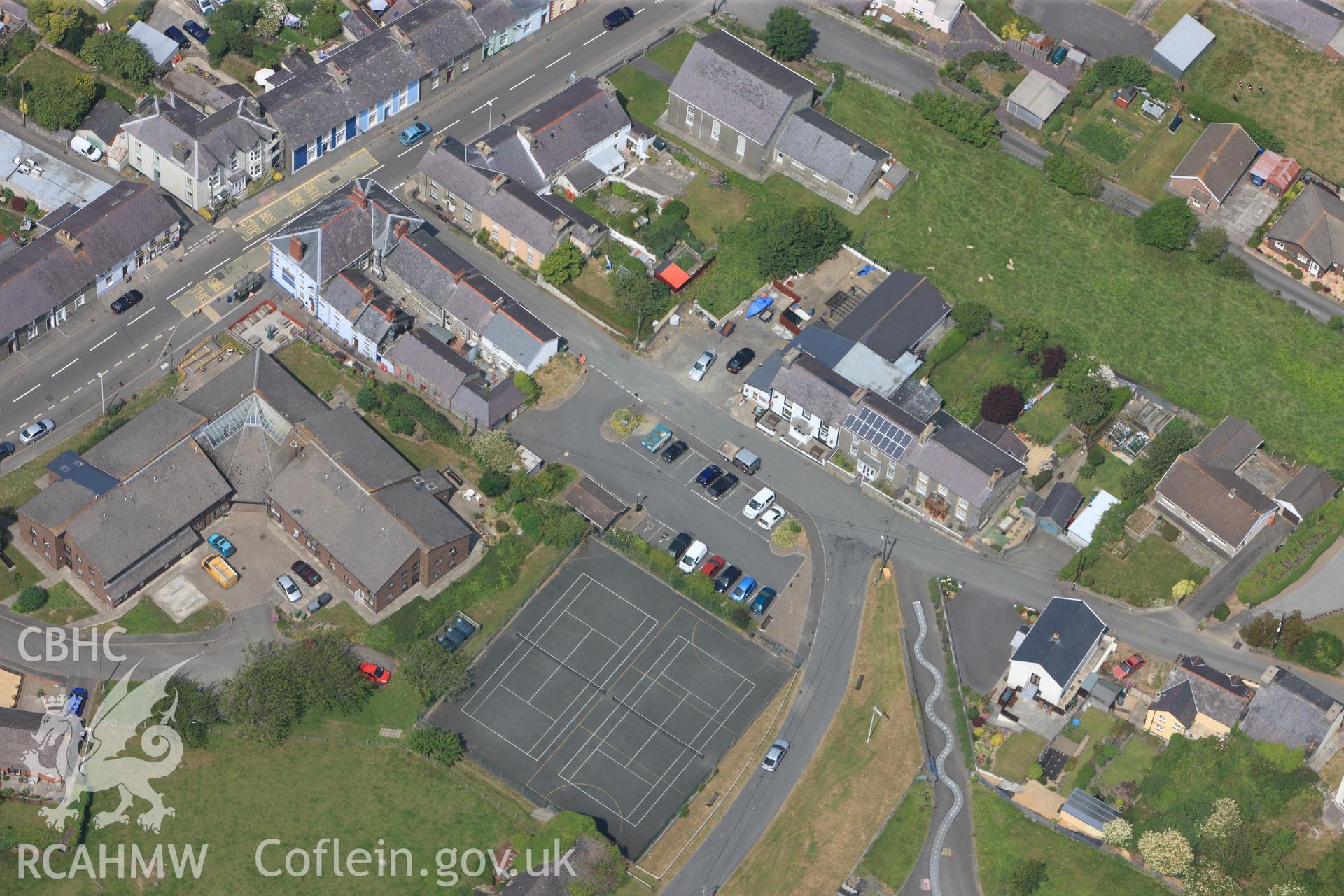 Seilo Welsh Independent Chapel in the village of Llanon. Oblique aerial photograph taken during the Royal Commission?s programme of archaeological aerial reconnaissance by Toby Driver on  12th July 2013.