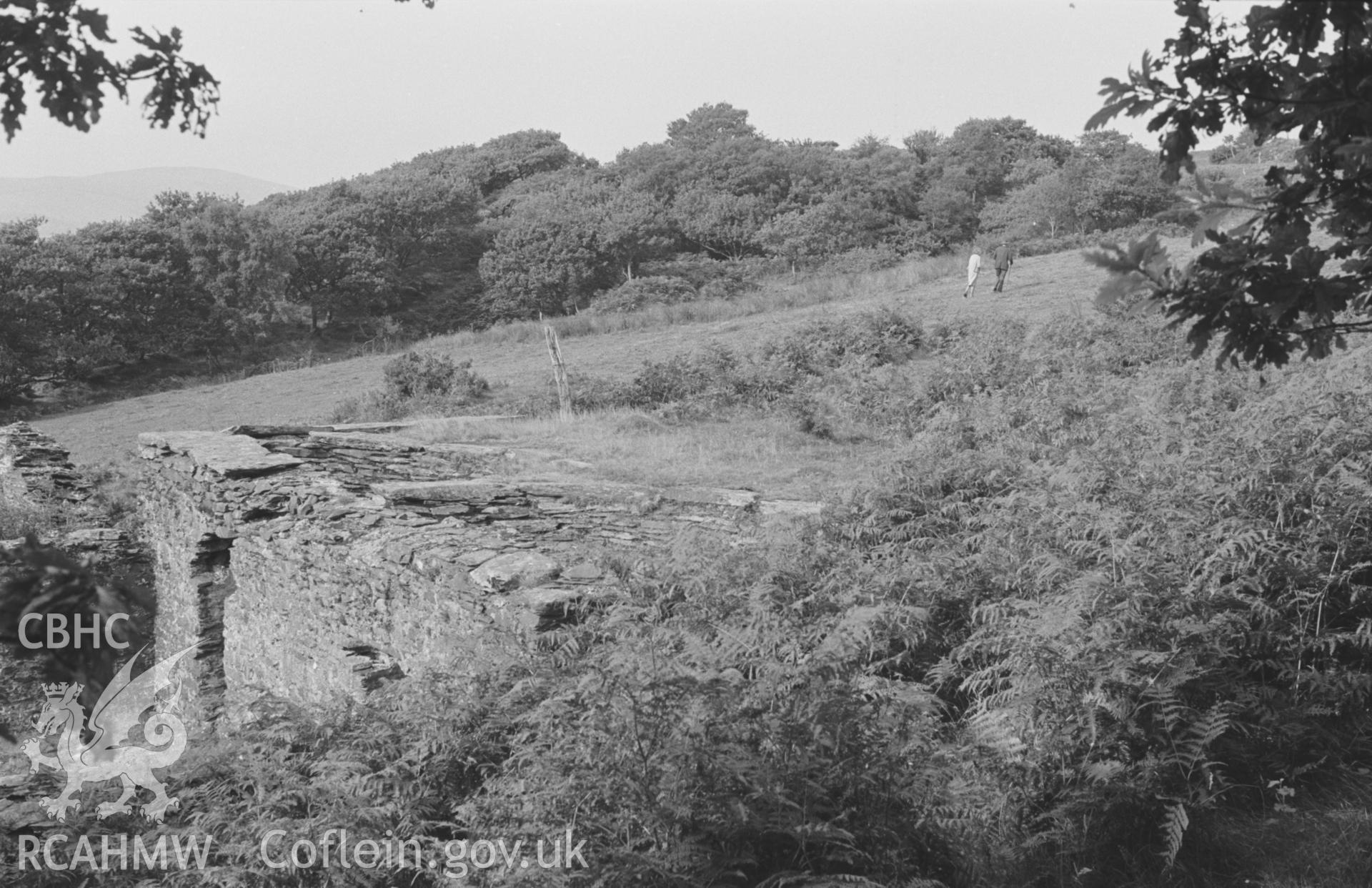 Digital copy of black & white negative showing view across the twin funnels at the terminus of the tramway just above main buildings at Bryndyfi Lead Mine, Eglwysfach. Photographed by Arthur O. Chater in August 1966 from Grid Ref SN 683 934, looking north.