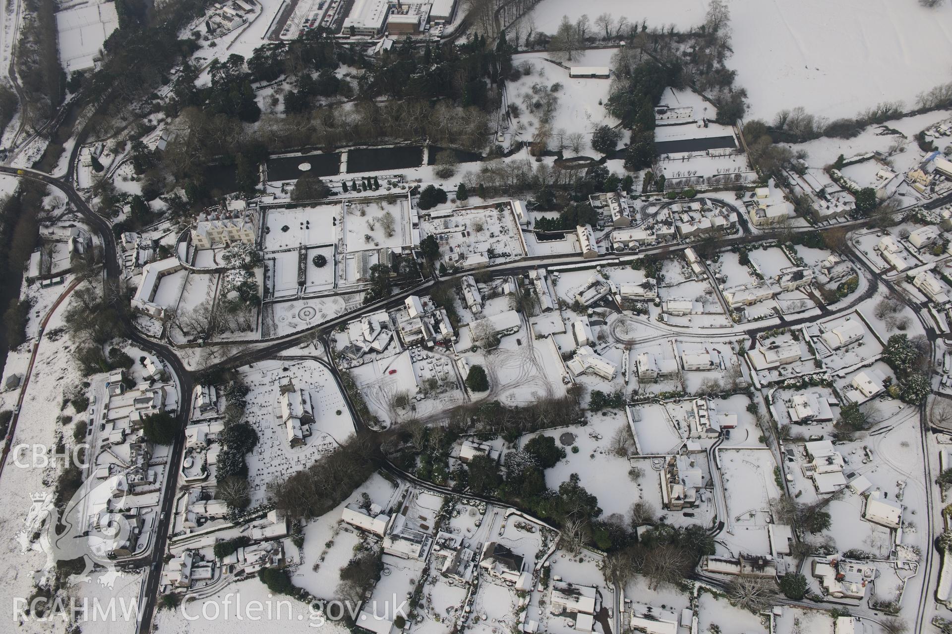 St Fagans Castle and St Mary's church at St Fagans Mueseum of Welsh Life, and the village of St Fagans, Cardiff. Oblique aerial photograph taken during Royal Commission?s programme of archaeological aerial reconnaissance by Toby Driver, 24th January 2013.