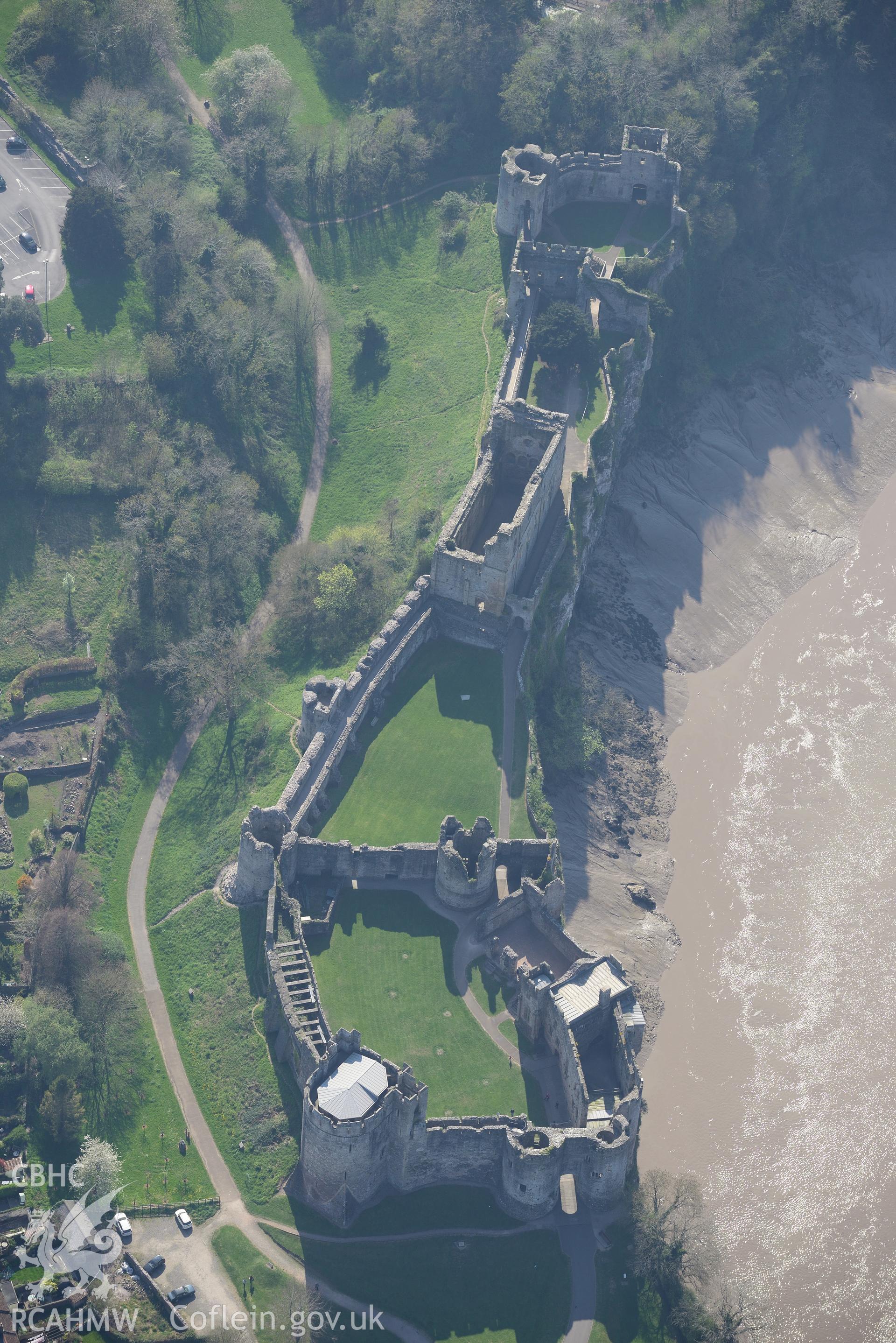 Chepstow Castle. Oblique aerial photograph taken during the Royal Commission's programme of archaeological aerial reconnaissance by Toby Driver on 21st April 2015.