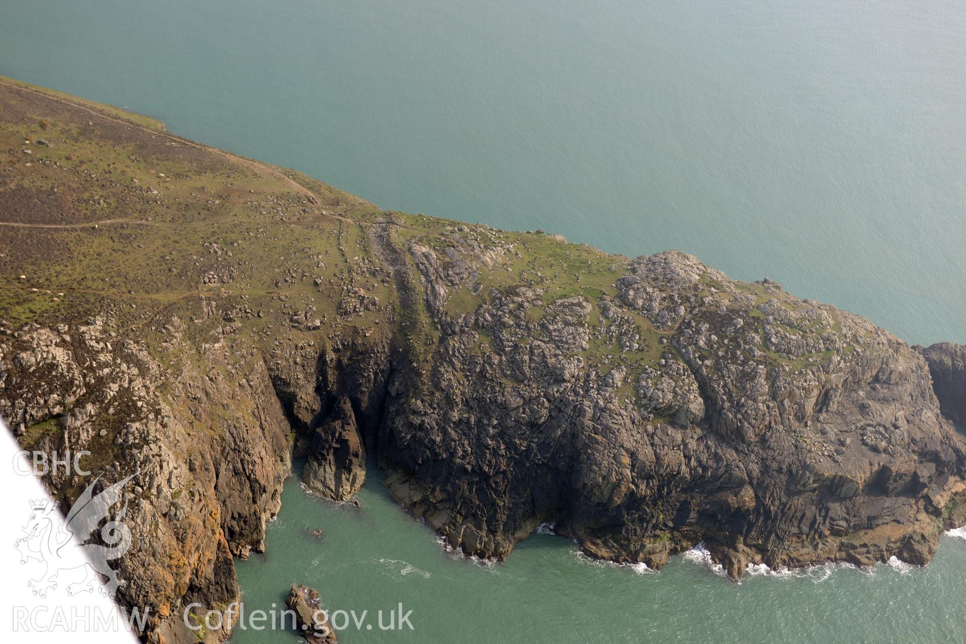 Aerial photography of St Davids Head camp taken on 27th March 2017. Baseline aerial reconnaissance survey for the CHERISH Project. ? Crown: CHERISH PROJECT 2019. Produced with EU funds through the Ireland Wales Co-operation Programme 2014-2020. All material made freely available through the Open Government Licence.