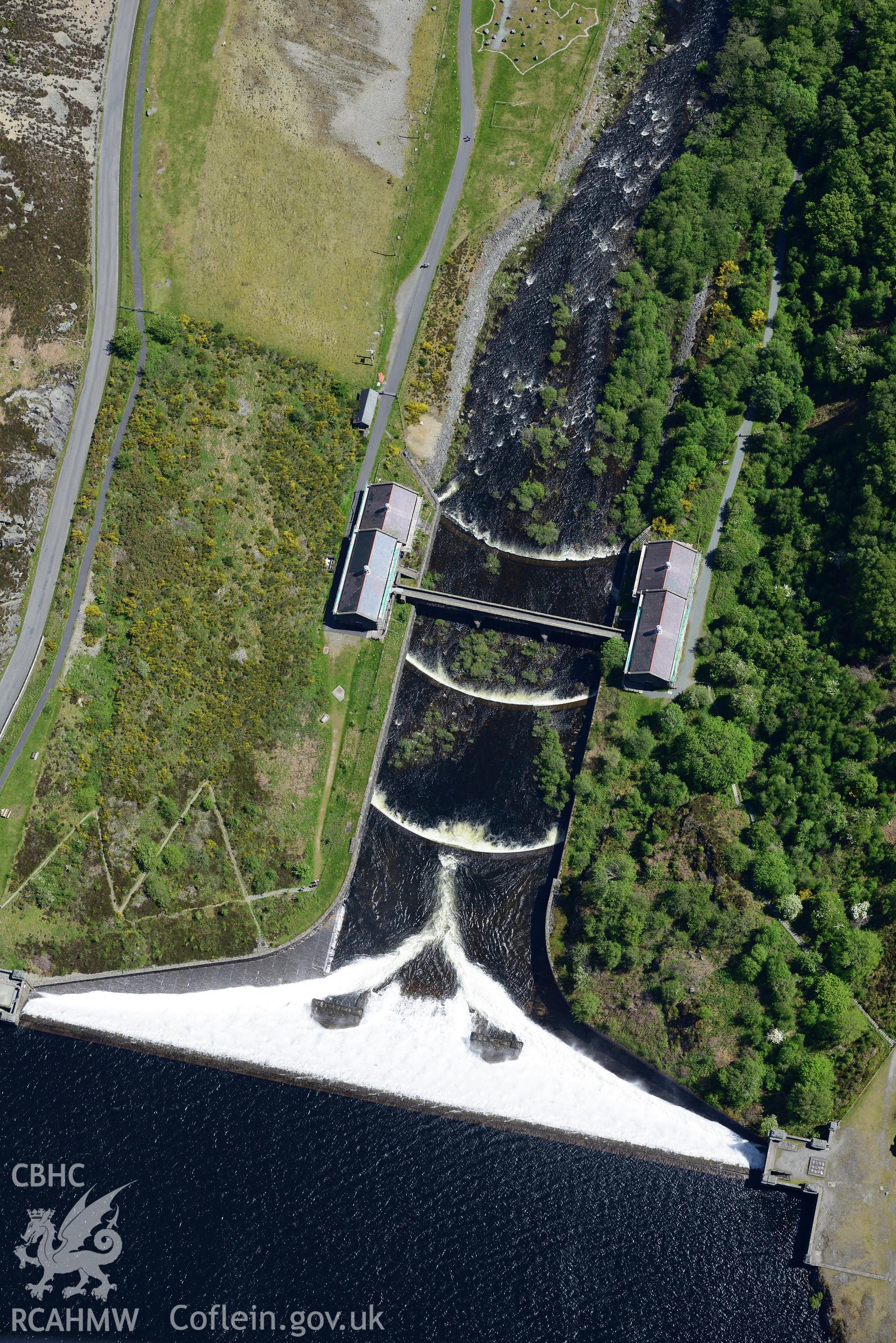 Caban Coch Dam, Reservoir and hydro electric stations, Elan Valley Water Scheme. Oblique aerial photograph taken during the Royal Commission's programme of archaeological aerial reconnaissance by Toby Driver on 3rd June 2015.