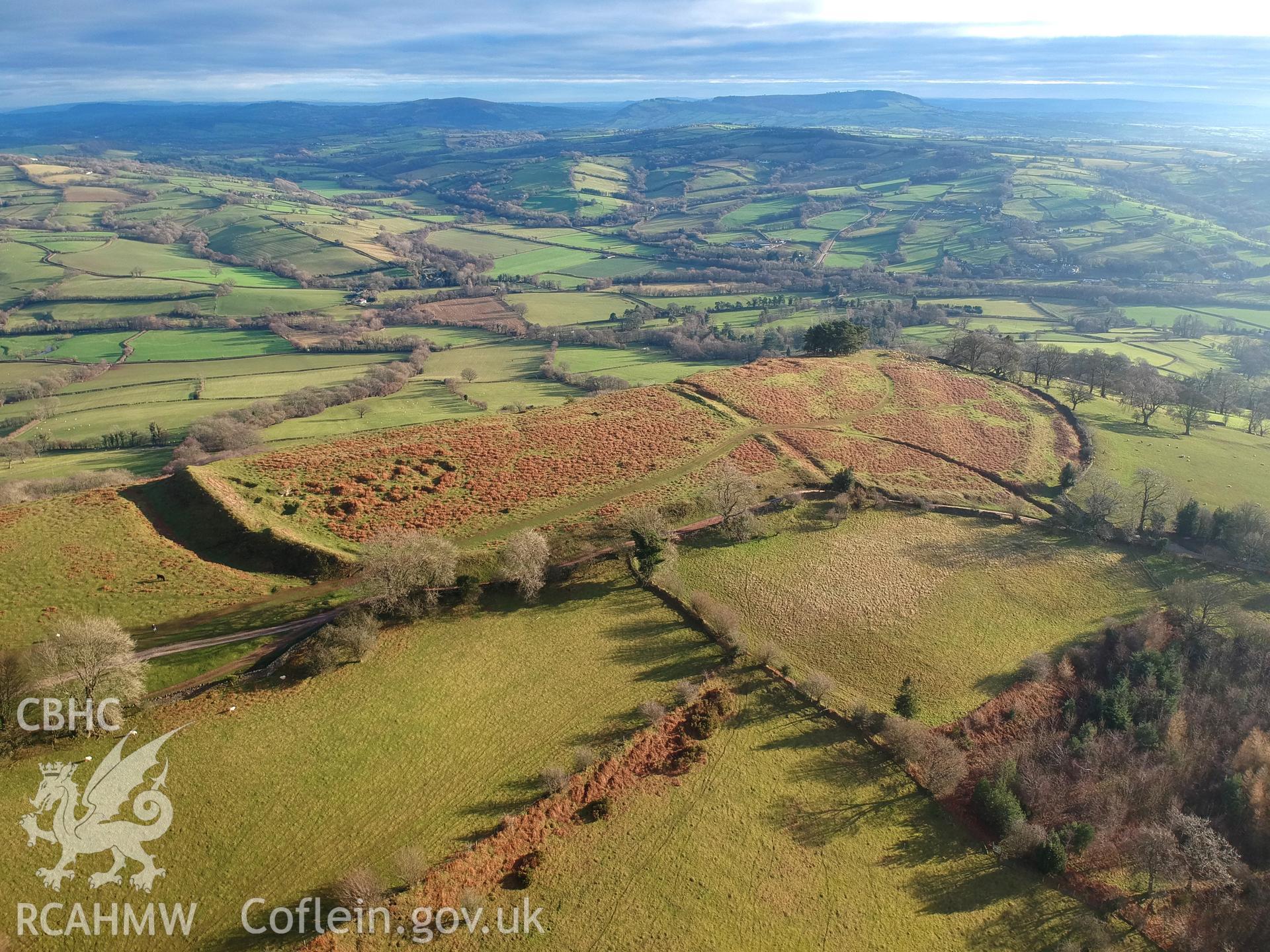 Aerial view of Pen-twyn Camp, Crucorney. Colour photograph taken by Paul R. Davis on 1st January 2019.