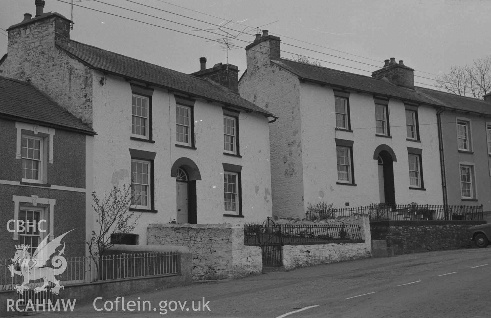 Digital copy of a black and white negative showing the main elevation views of Ty Alma and Hafan on the main street at Llanarth. Photographed by Arthur O. Chater on 13th April 1967 looking south from Grid Reference SN 423 575.