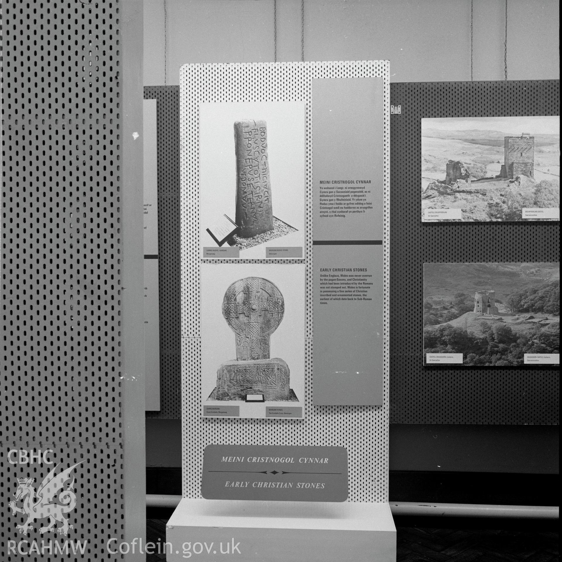 Digital copy of a black and white negative showing Ancient Monuments Exhibition, Welsh Tourer, Vivian Art Gallery, Swansea. From Cadw Monuments in Care Collection.