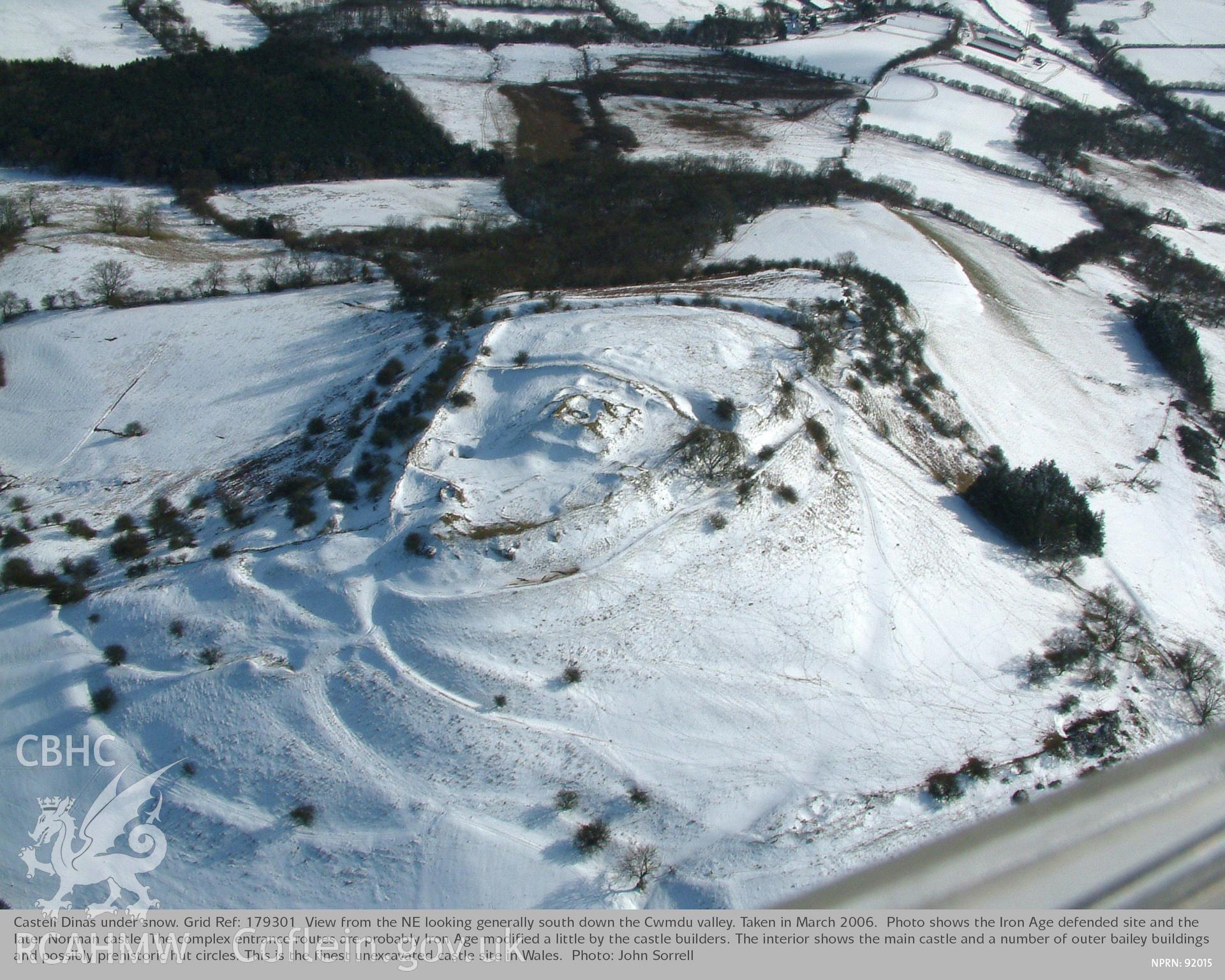 View of Castell Dinas under snow, taken by John Sorrell, March 2006.