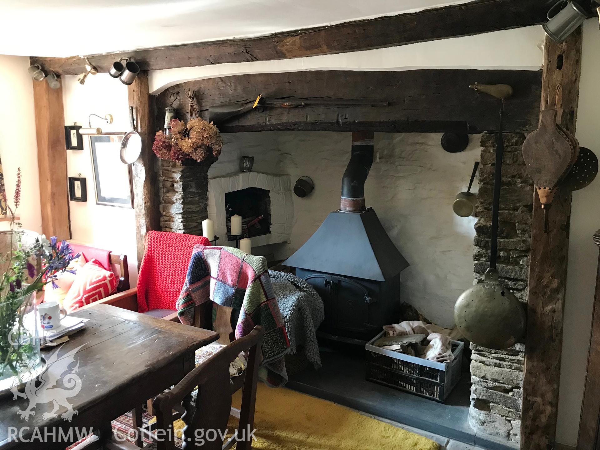 Digital colour photograph showing interior view of fireplace at Ty-Isaf Farmhouse, north of Bedwas, taken by Paul R. Davis on 15th July 2019.