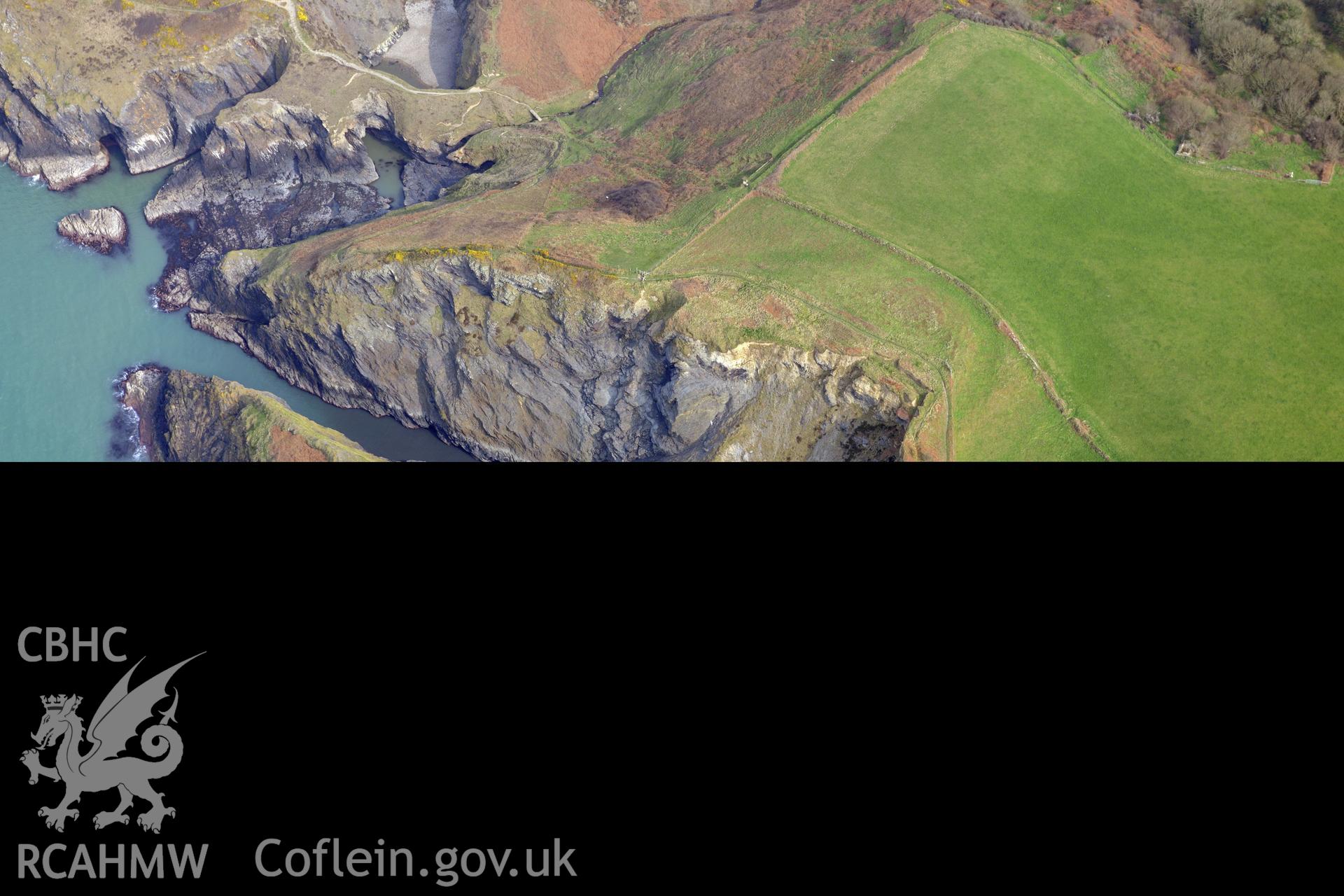 Aerial photography of Castell Treruffydd taken on 27th March 2017. Baseline aerial reconnaissance survey for the CHERISH Project. ? Crown: CHERISH PROJECT 2017. Produced with EU funds through the Ireland Wales Co-operation Programme 2014-2020. All material made freely available through the Open Government Licence.