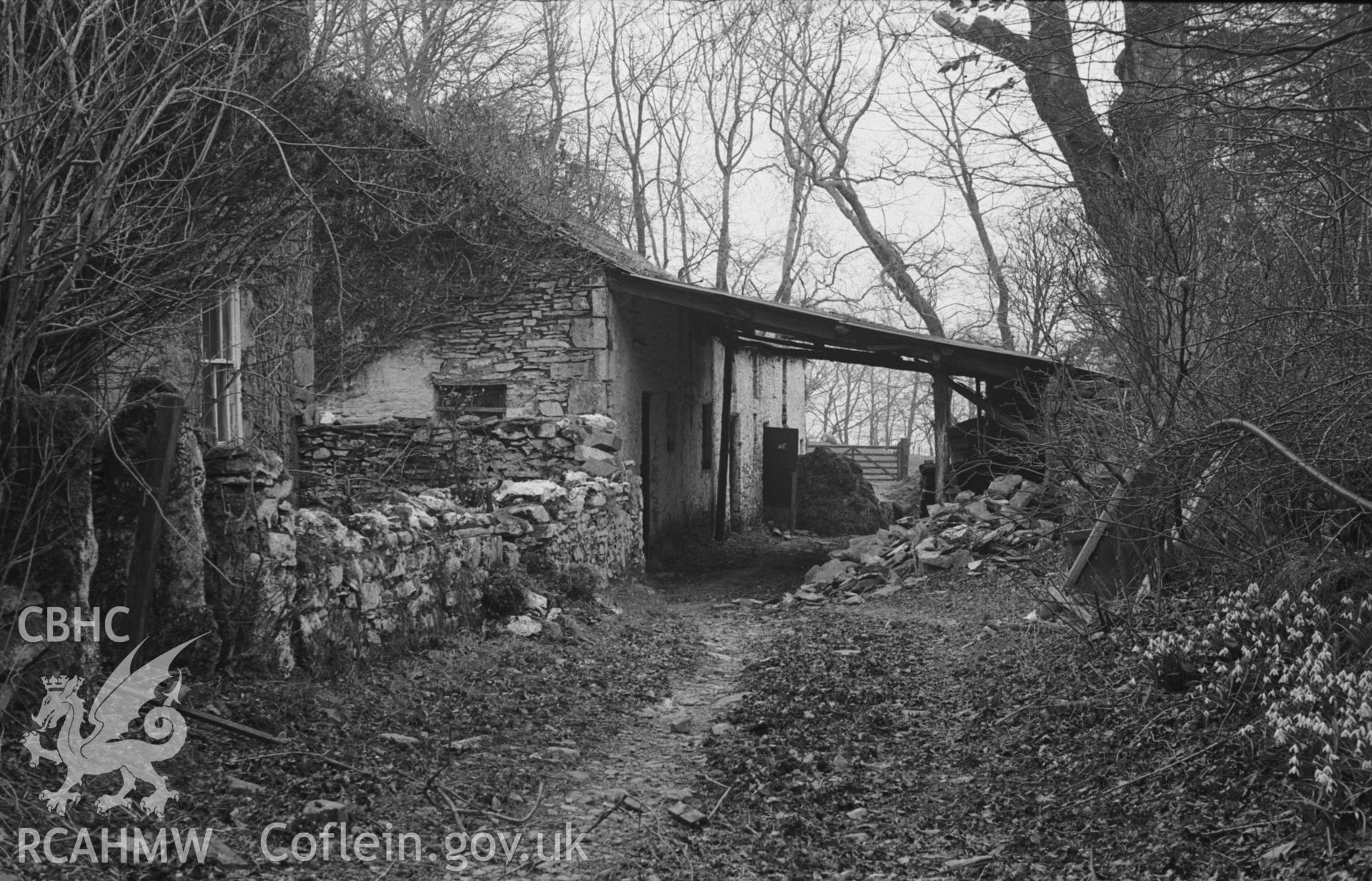 Digital copy of a black and white negative showing Pantynos farm, Llanycryws. Photographed in April 1963 by Arthur O. Chater.