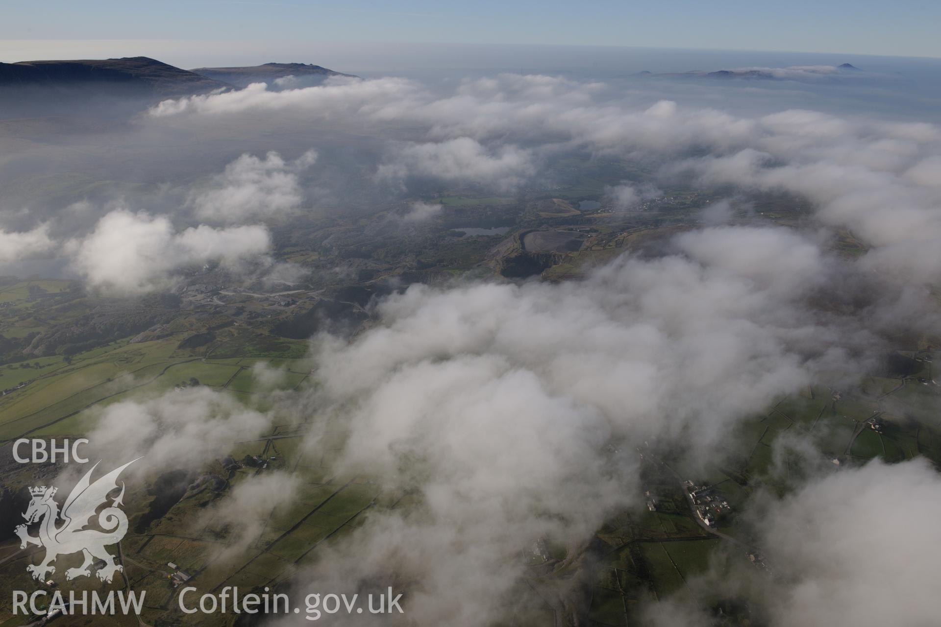 Braich Rhyd slate quarry and Fron slate quarry, north of Nantlle. Oblique aerial photograph taken during the Royal Commission's programme of archaeological aerial reconnaissance by Toby Driver on 2nd October 2015.