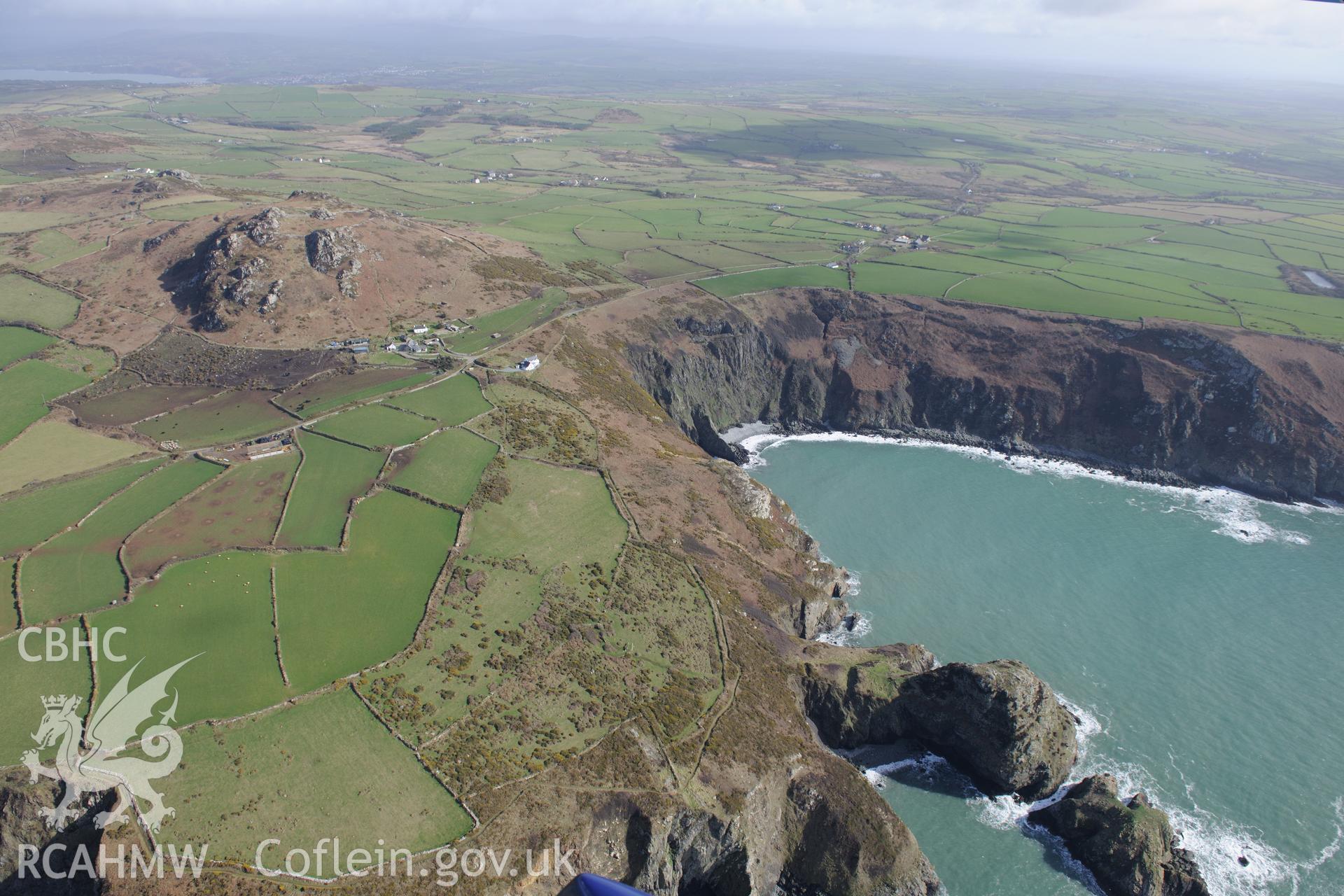 Dinas Mawr promontory fort and Garn Fawr camp hillfort, Llanwnda, near Fishguard. Oblique aerial photograph taken during the Royal Commission's programme of archaeological aerial reconnaissance by Toby Driver on 13th March 2015.