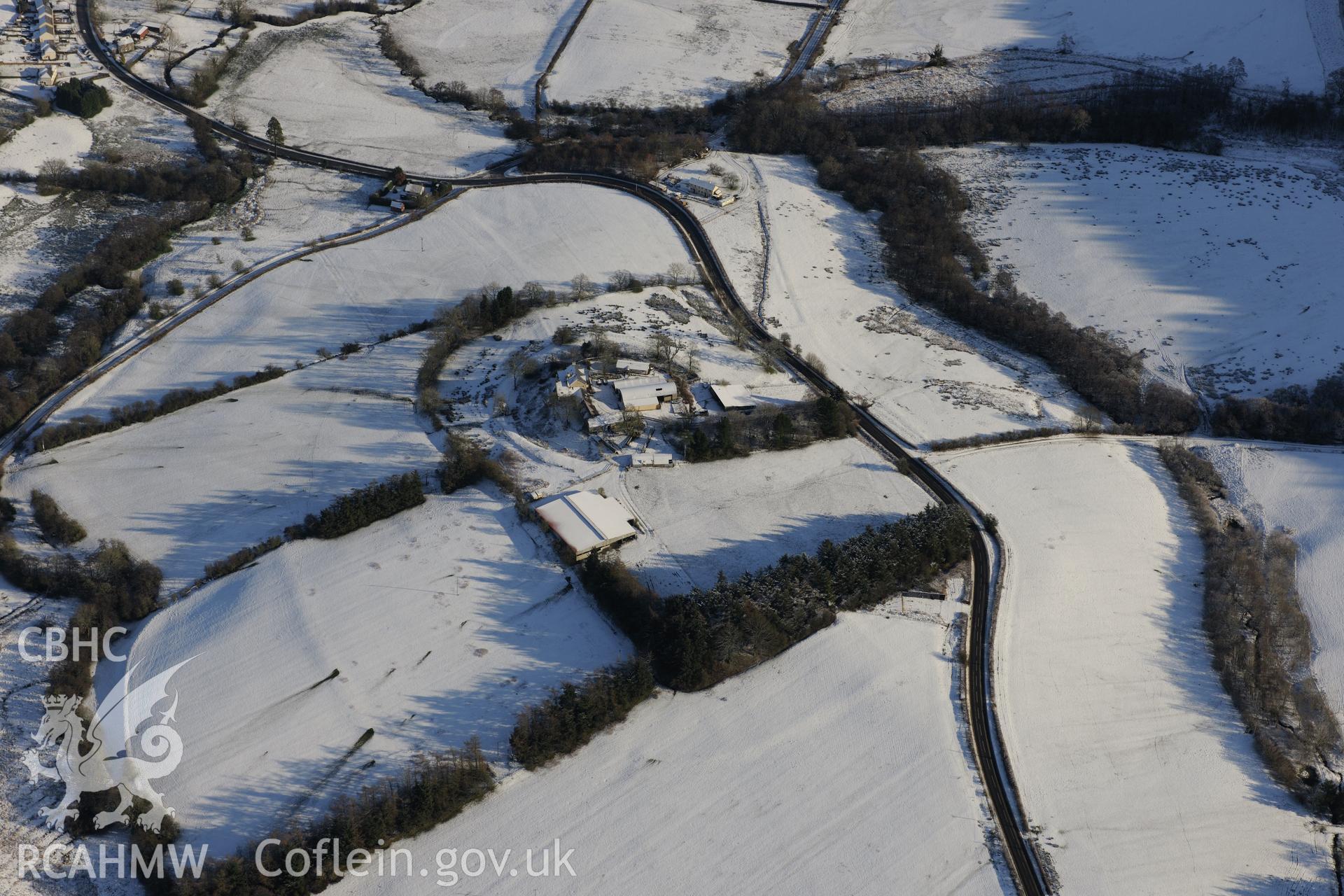 Colwyn Castle, the Roman fort at Colwyn Castle and Fforest farm, Glascwm, north east of Builth Wells. Oblique aerial photograph taken during the Royal Commission?s programme of archaeological aerial reconnaissance by Toby Driver on 15th January 2013.