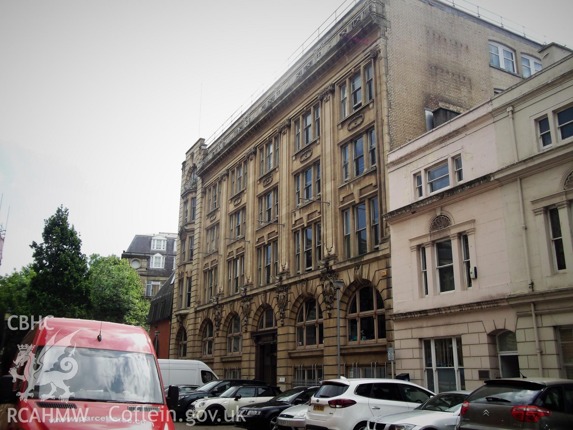 Colour photograph showing exterior of Baltic House, Mount Stuart Square, Butetown, taken by Adam Coward on 10th July 2018.