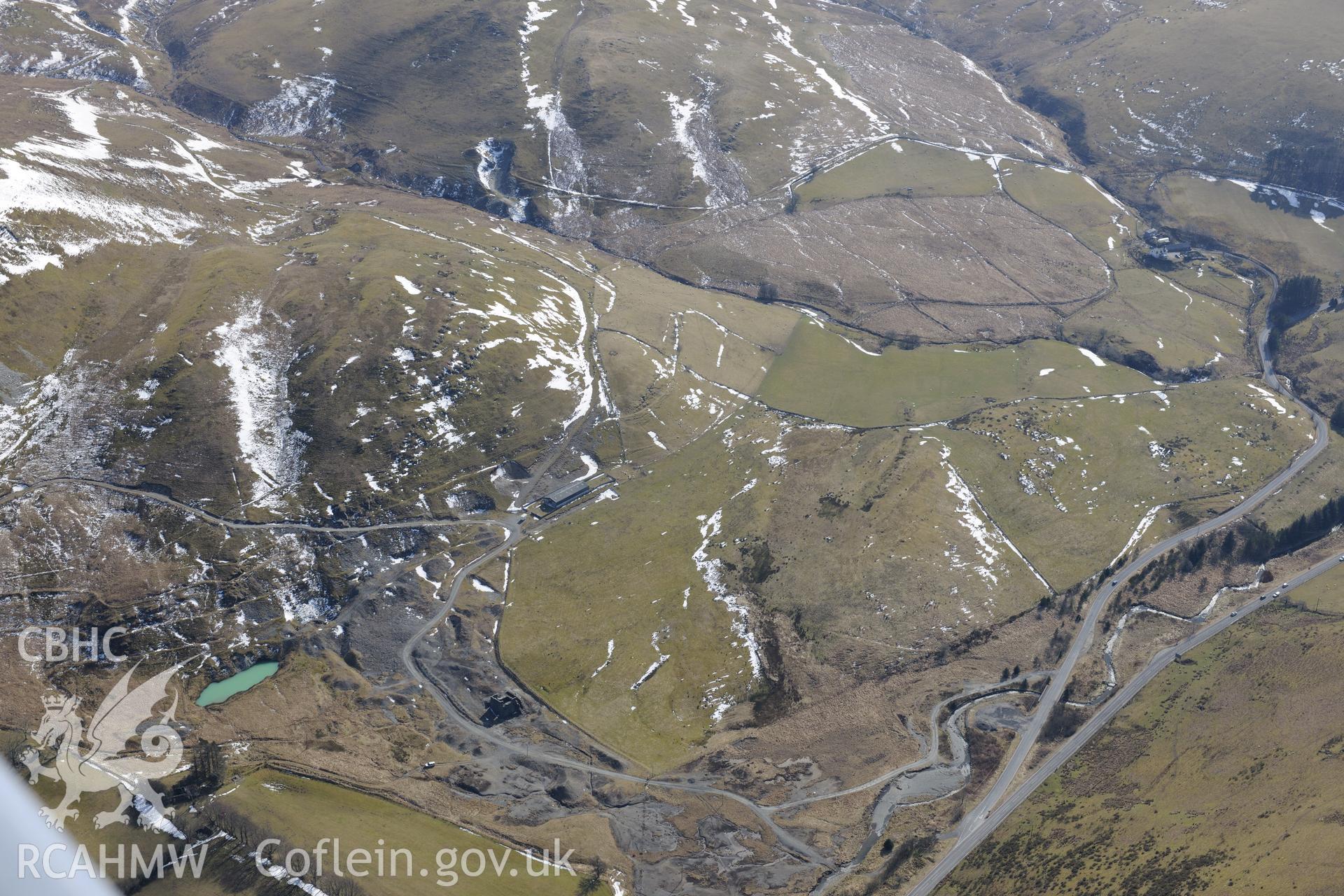 Castell Mine, between Aberystwyth and Llangurig. Oblique aerial photograph taken during the Royal Commission's programme of archaeological aerial reconnaissance by Toby Driver on 2nd April 2013.