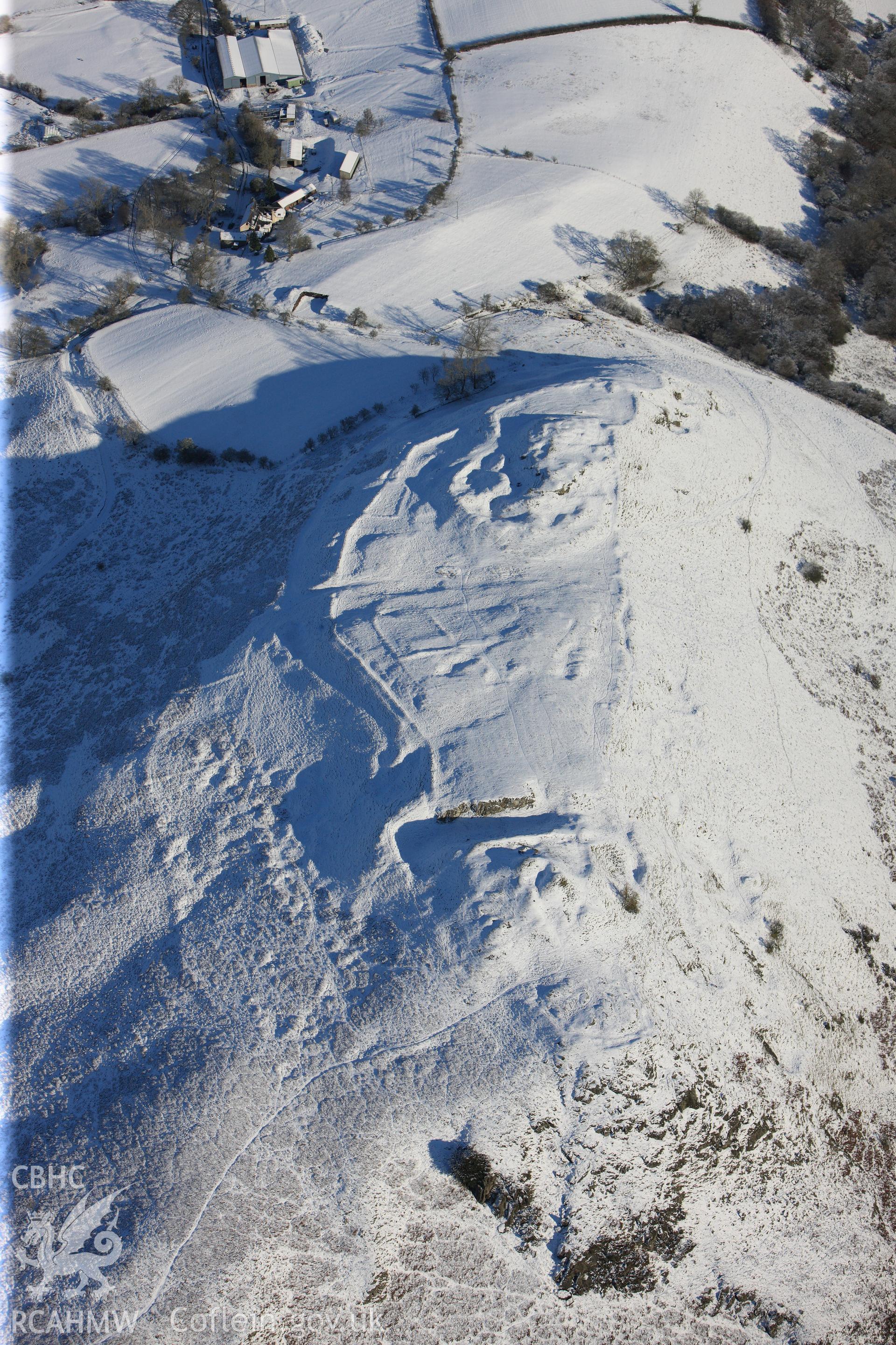 Cefnllys Castle, Penybont, east of Llandrindod Wells. Oblique aerial photograph taken during the Royal Commission?s programme of archaeological aerial reconnaissance by Toby Driver on 15th January 2013.