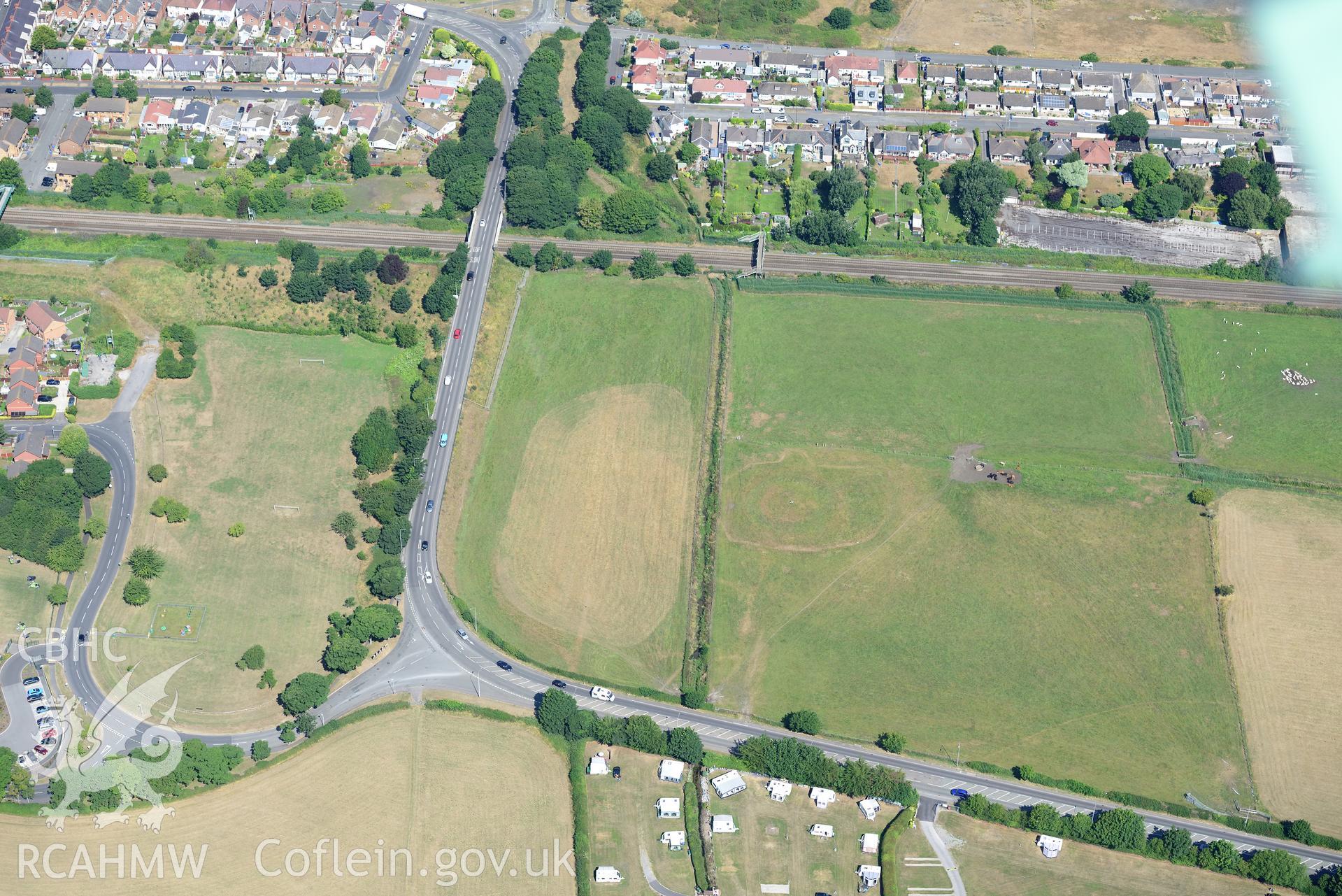 Royal Commission aerial photography of Prestatyn Castle, with parchmark details, taken on 19th July 2018 during the 2018 drought.