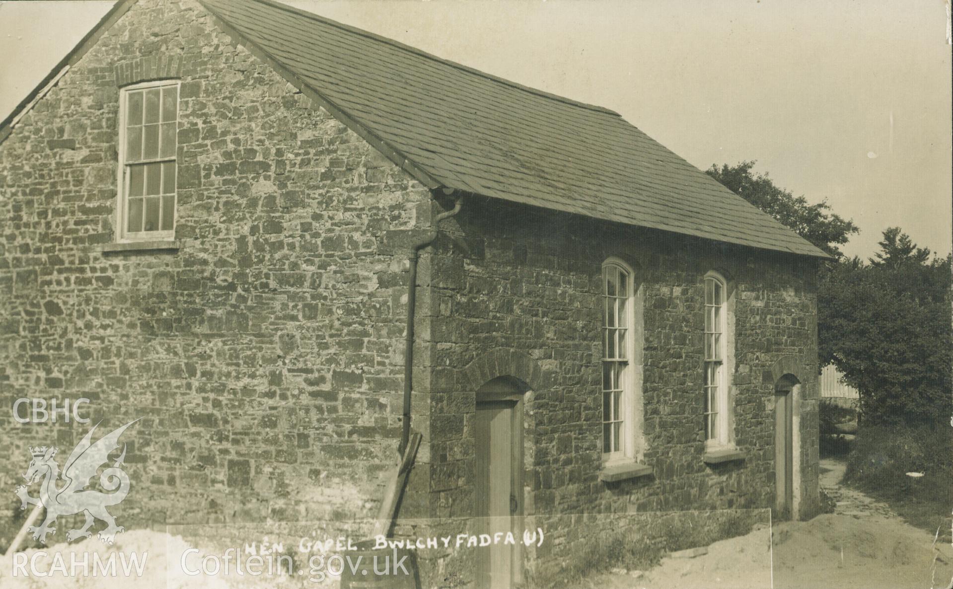 Black and white photograph of 'Hen Gapel. Bwlchyfadfa (U),' possibly now used as a meeting hall and Sunday school. Donated to the RCAHMW during the Digital Dissent Project.