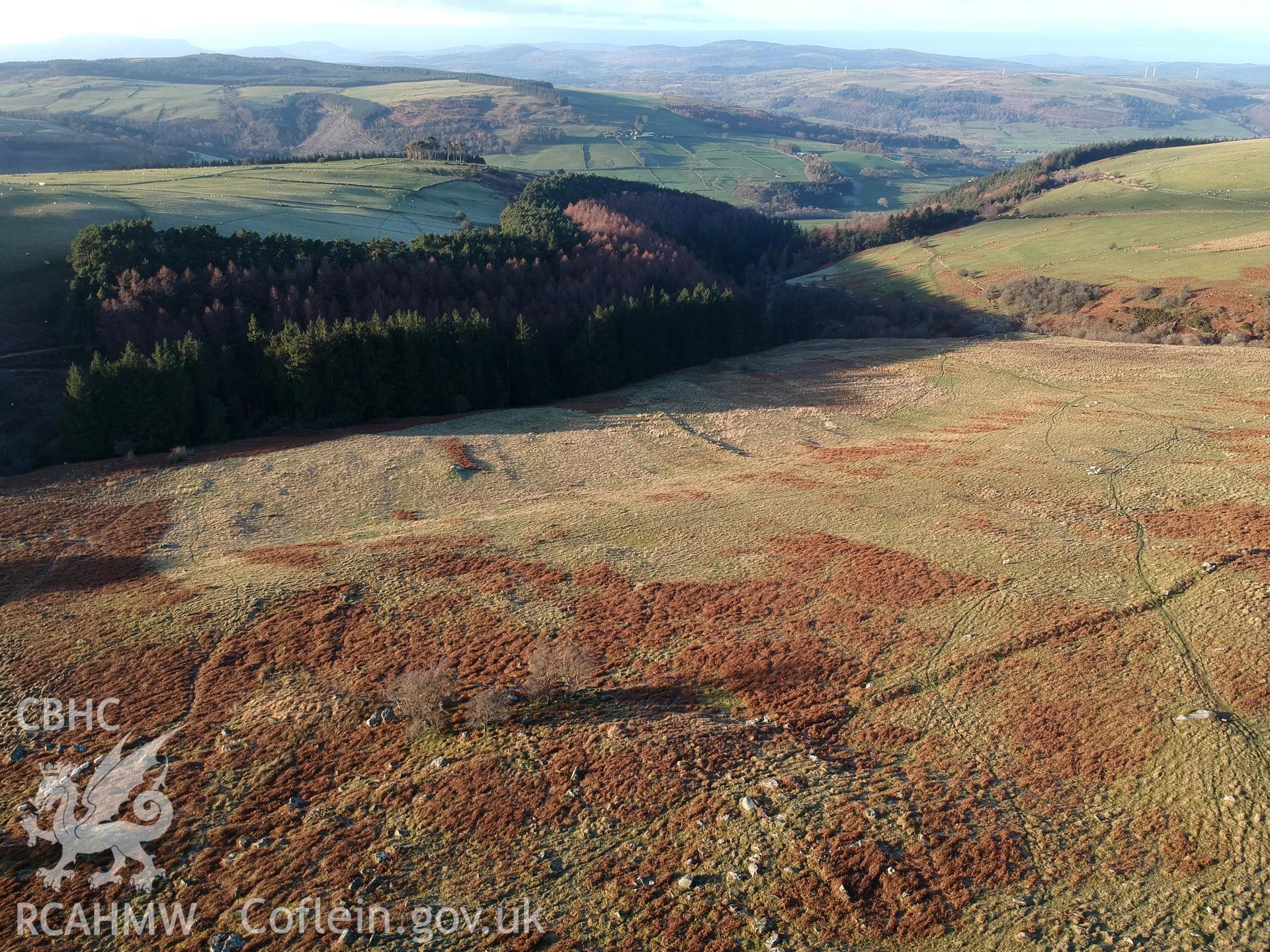 Aerial view of the Ffridd Camen field system, Llandrillo. Colour photograph taken by Paul R. Davis on 2nd January 2019.