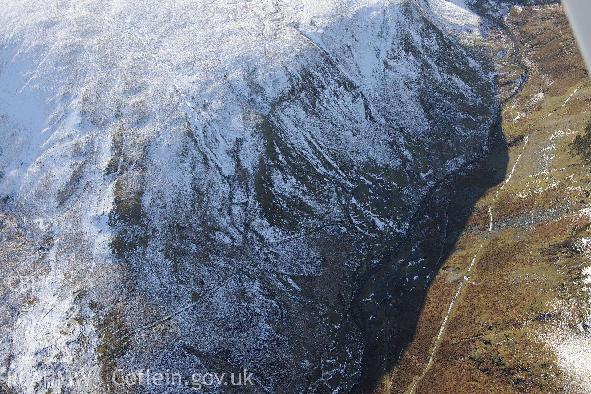 Nantycar copper and lead mine, south west of Rhayader. Oblique aerial photograph taken during the Royal Commission's programme of archaeological aerial reconnaissance by Toby Driver on 4th February 2015.