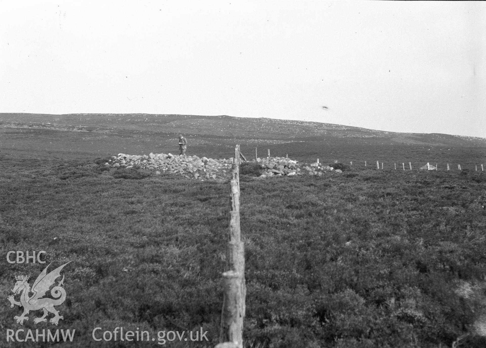 Digital copy of a nitrate negative showing Creigiau Eglwyseg Cairn.