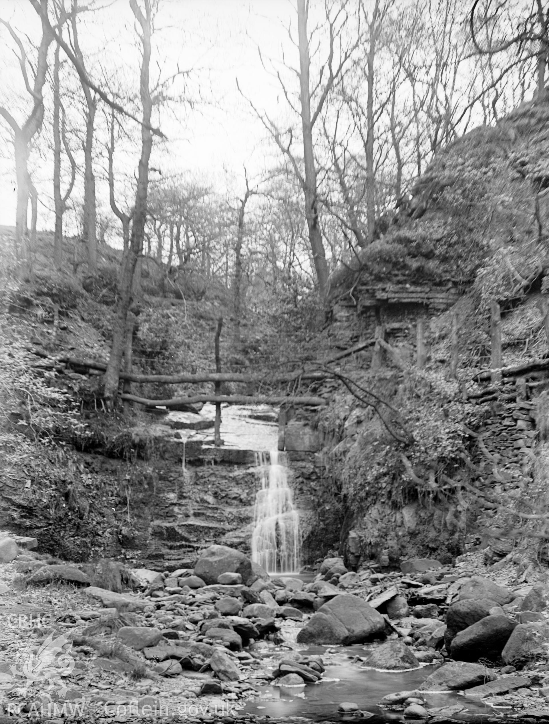 Digital copy of a glass plate showing view of bridge in the Fairy Glen at Trefriw, taken by Manchester-based amateur photographer A. Rothwell, 1890-1910