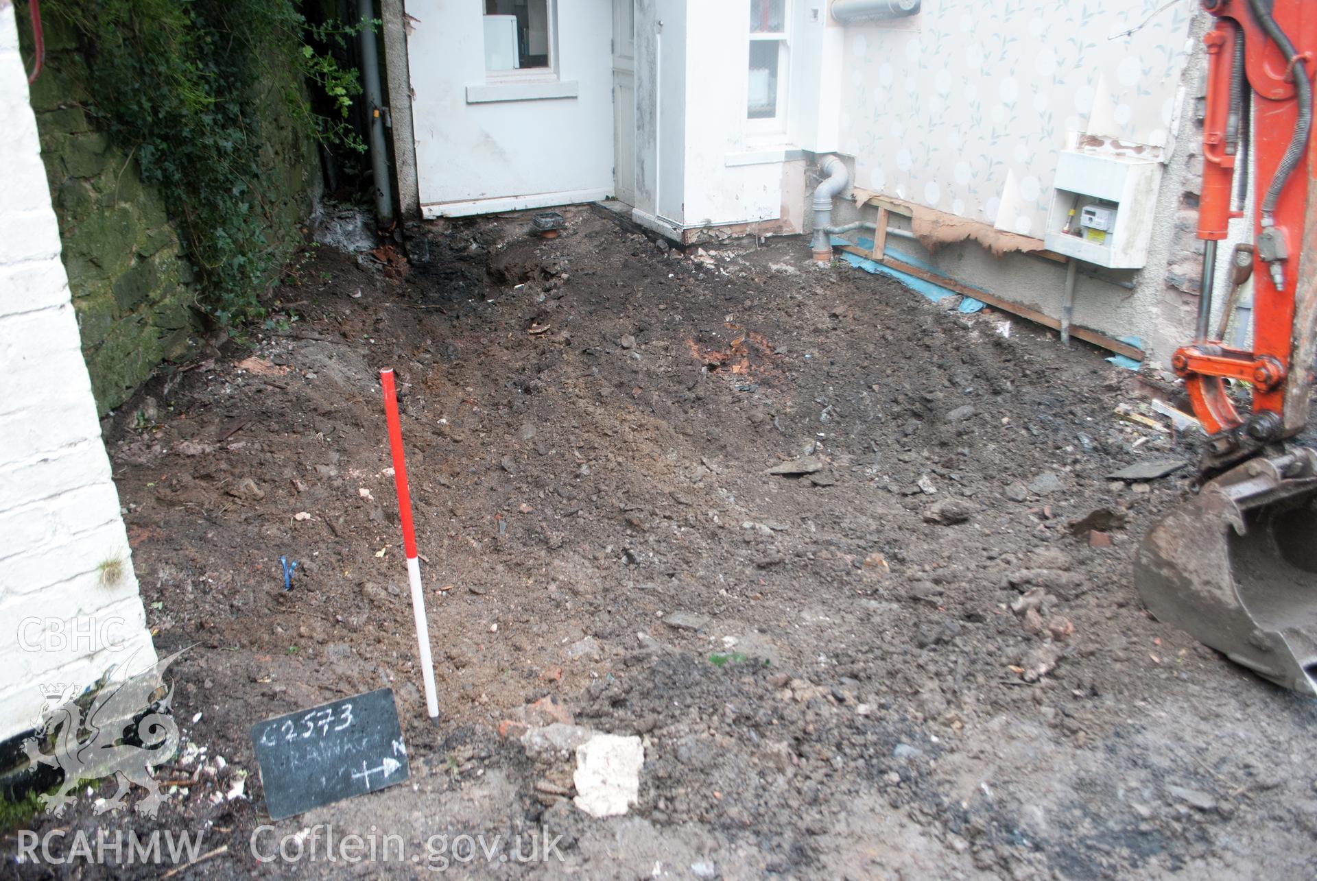 View from the south east of the conservatory area with the old foundations removed, at Gwynle, Bala. Photographed during archaeological watching brief conducted by Gwynedd Archaeological Trust on 21 September 2018. Project no. G2573.