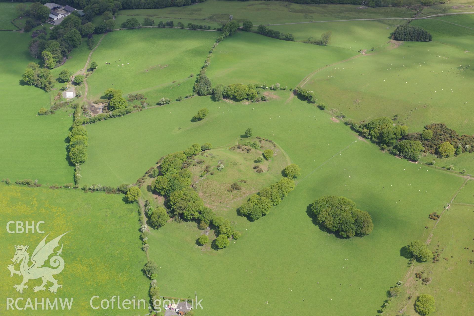 Castell Tregaron. Oblique aerial photograph taken during the Royal Commission's programme of archaeological aerial reconnaissance by Toby Driver on 3rd June 2015.