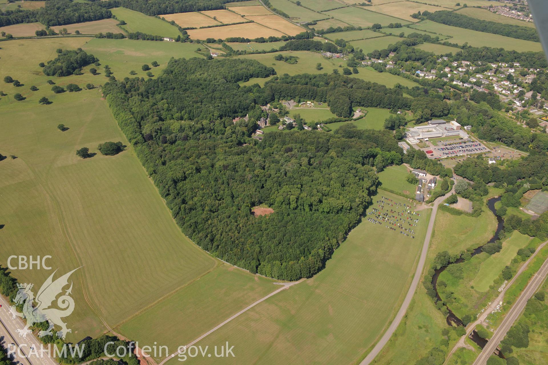 St. Fagan's National Museum of History; the main building at St. Fagan's museum; earthwork of medieval field system and the village of St. Fagans, Cardiff. Oblique aerial photograph taken during the Royal Commission?s programme of archaeological aerial reconnaissance by Toby Driver on 1st August 2013.