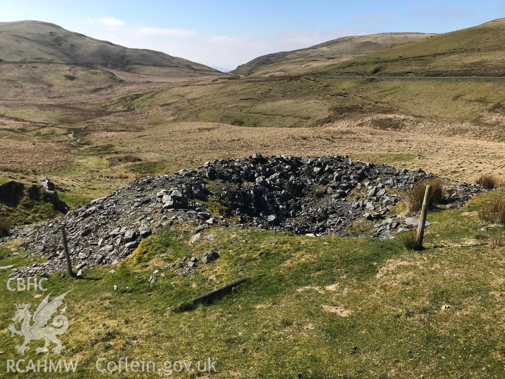 Colour photograph of earthworks at Esgairhir lead mine engine house, east of Tre Taliesin, Aberystwyth, taken by Paul R. Davis on 29th March 2019.