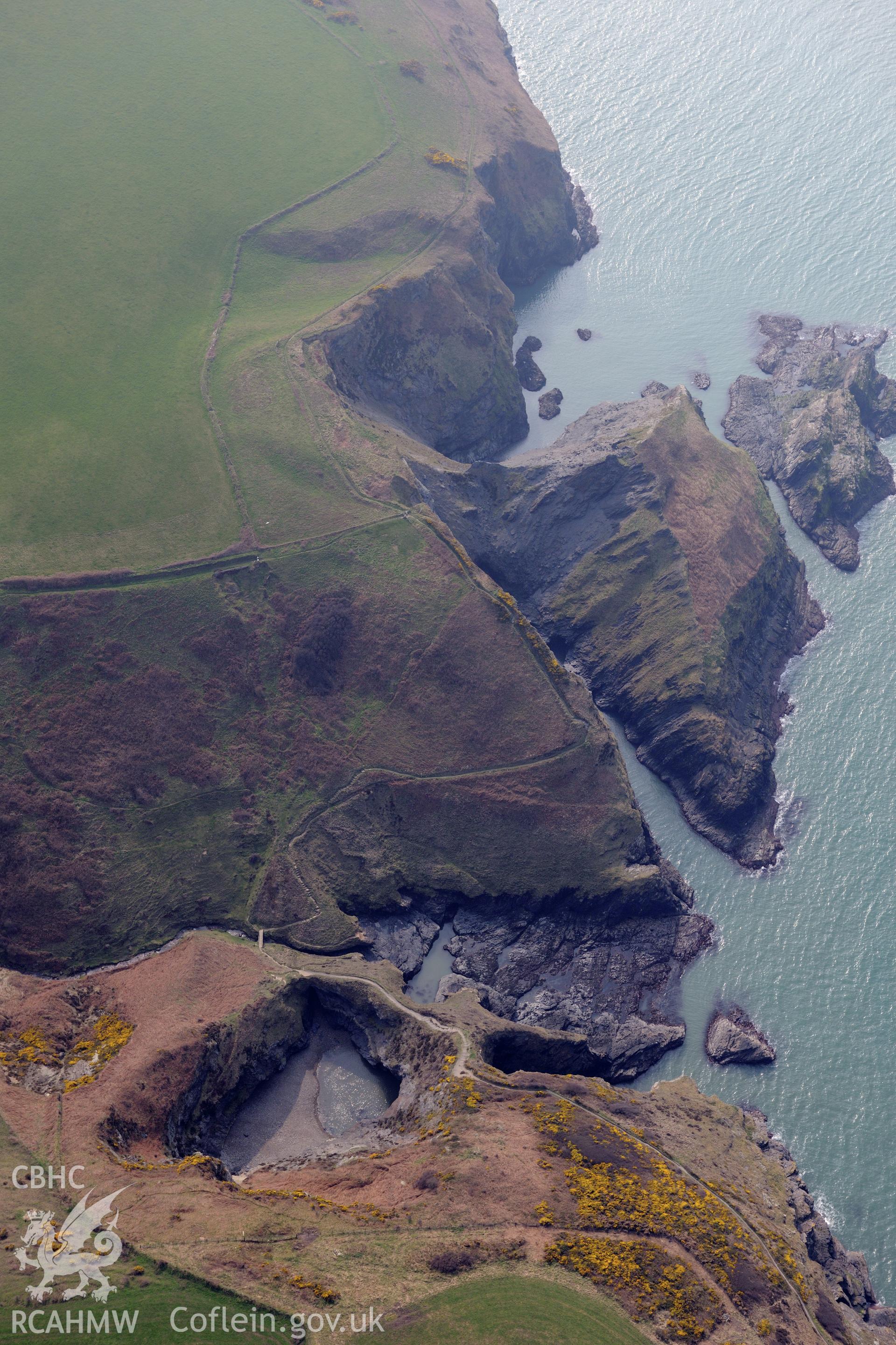 Aerial photography of Castell Treruffydd taken on 27th March 2017. Baseline aerial reconnaissance survey for the CHERISH Project. ? Crown: CHERISH PROJECT 2017. Produced with EU funds through the Ireland Wales Co-operation Programme 2014-2020. All material made freely available through the Open Government Licence.