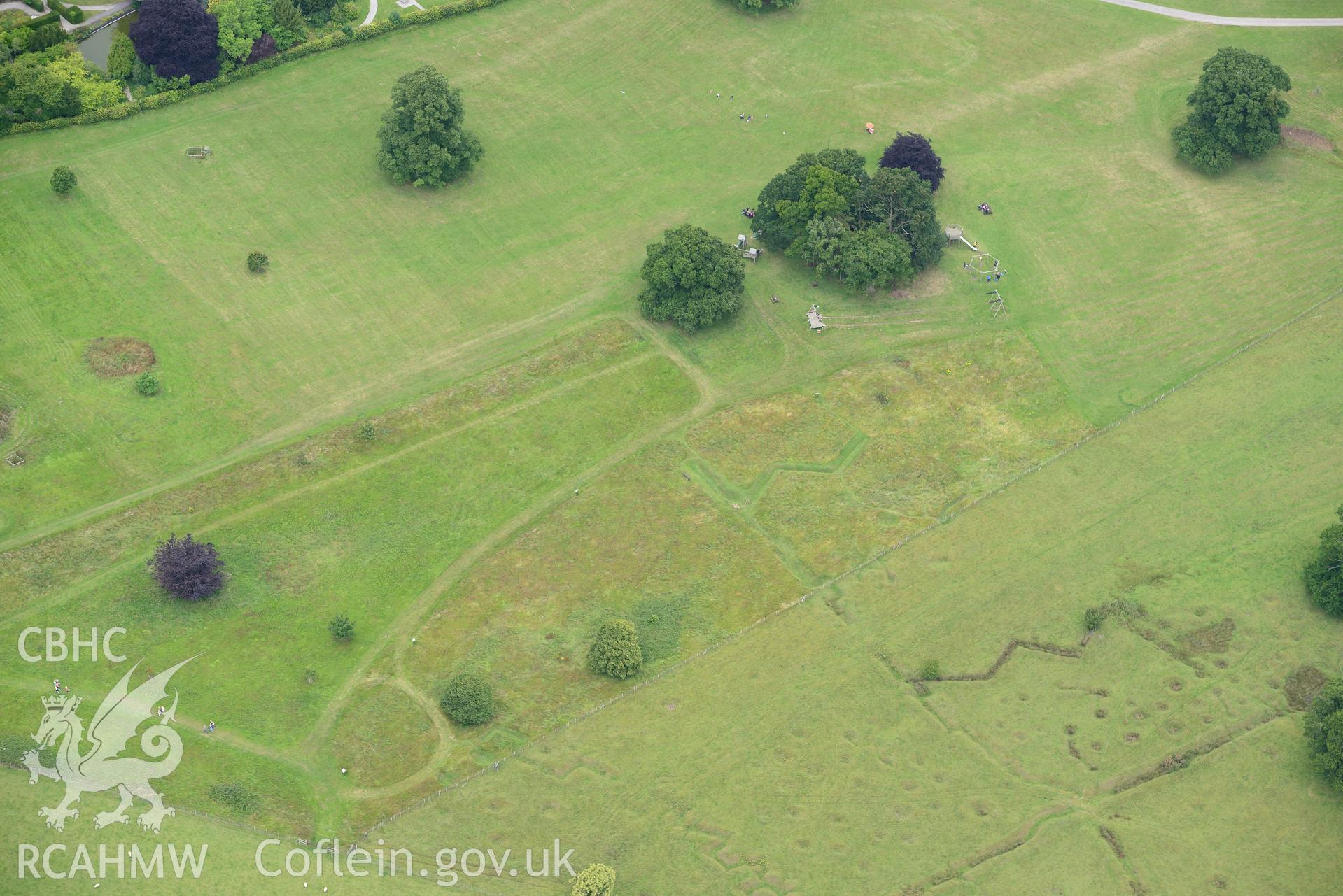 Bodelwyddan Park army practise trenches. Oblique aerial photograph taken during the Royal Commission's programme of archaeological aerial reconnaissance by Toby Driver on 30th July 2015.