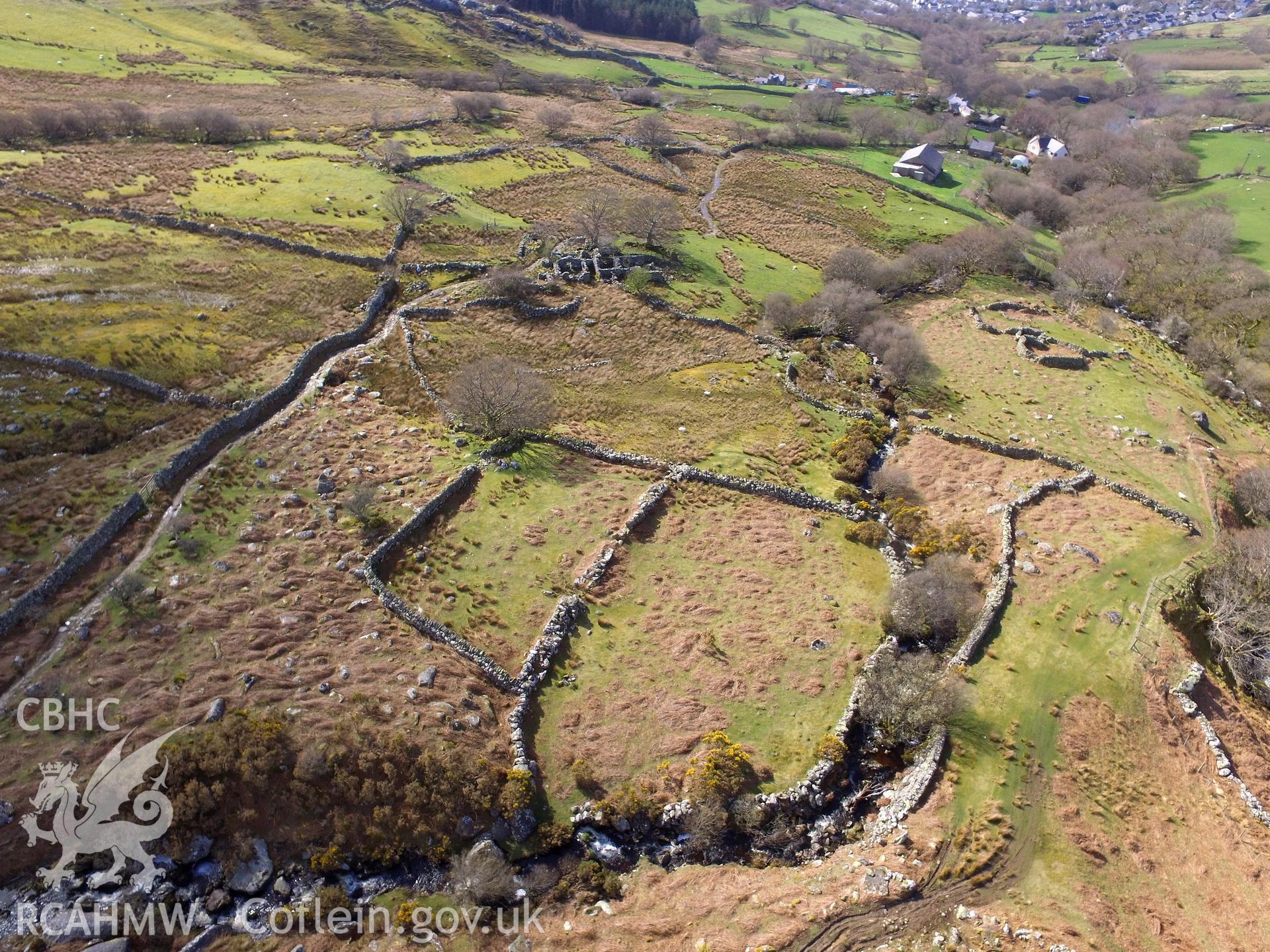 Colour photo showing aerial view of the ruins of Gwernsaeson-Fawr house, Bethesda, taken by Paul R. Davis, 18th April 2018.