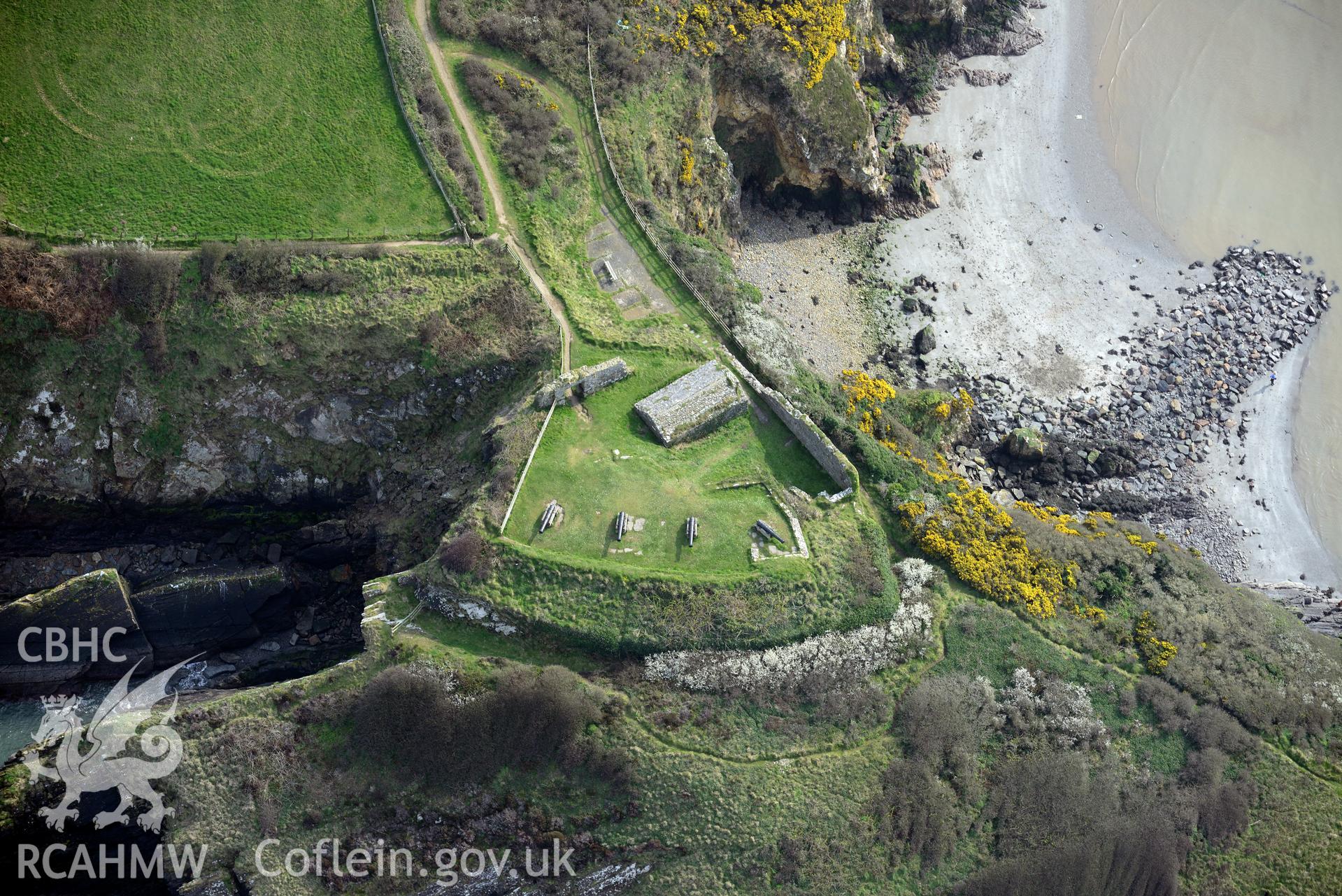 Aerial photography of Fishguard Fort taken on 27th March 2017. Baseline aerial reconnaissance survey for the CHERISH Project. ? Crown: CHERISH PROJECT 2017. Produced with EU funds through the Ireland Wales Co-operation Programme 2014-2020. All material made freely available through the Open Government Licence.