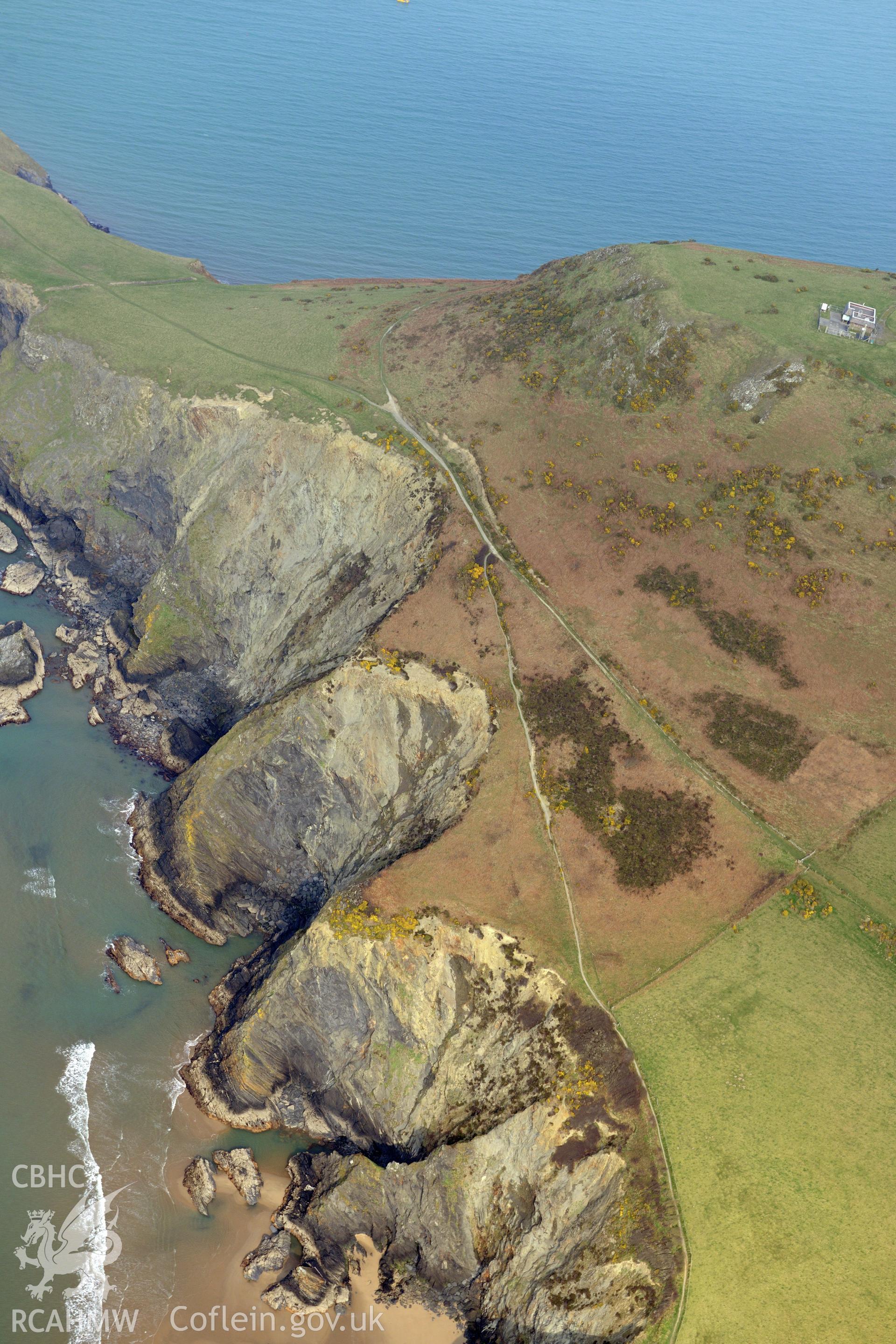 Aerial photography of Pen Dinas Lochtyn taken on 27th March 2017. Baseline aerial reconnaissance survey for the CHERISH Project. ? Crown: CHERISH PROJECT 2019. Produced with EU funds through the Ireland Wales Co-operation Programme 2014-2020. All material made freely available through the Open Government Licence.