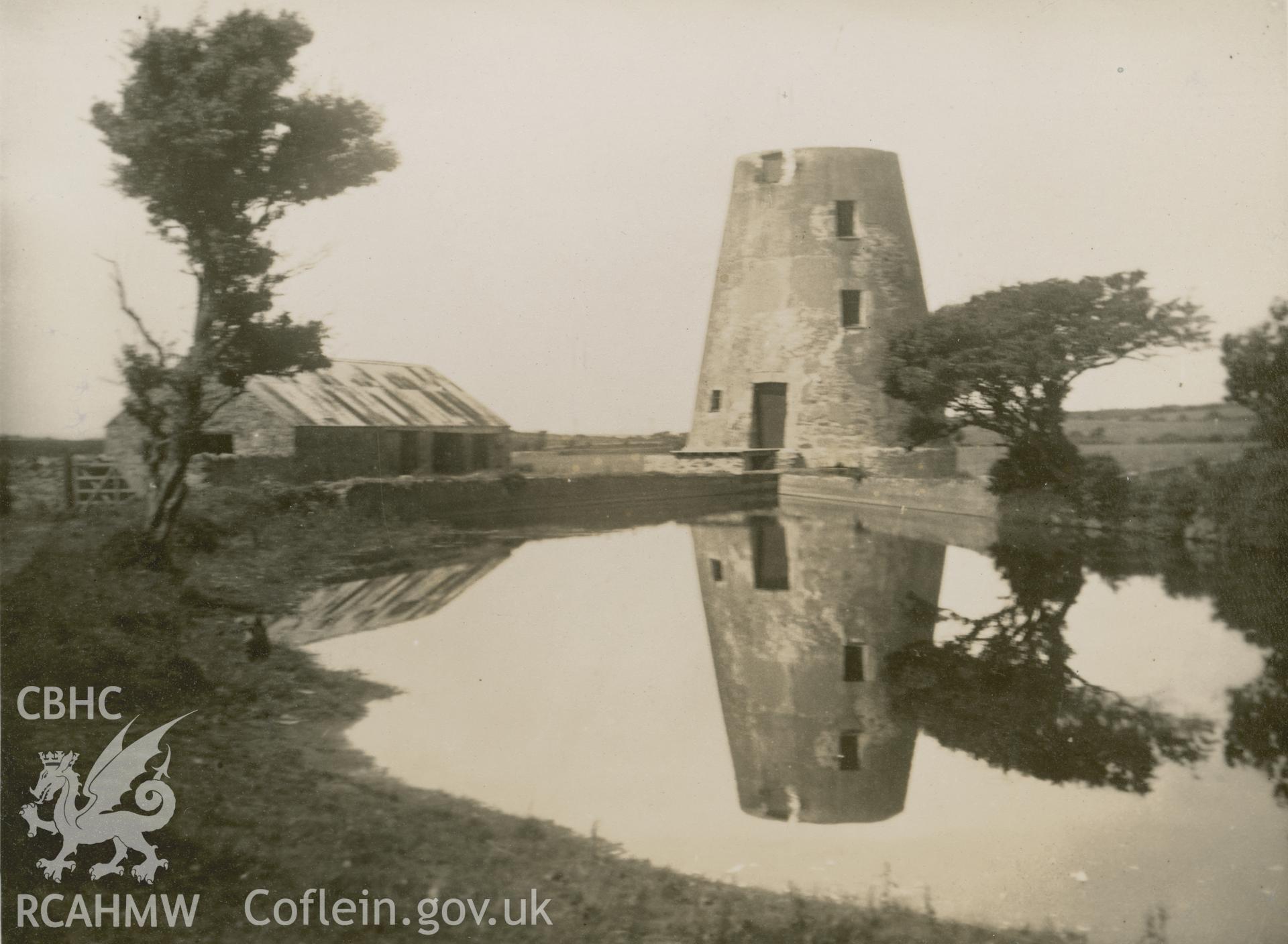 Digital copy of a photo from the Rex Wailes Collection showing view of Melin y Bont Windmill.