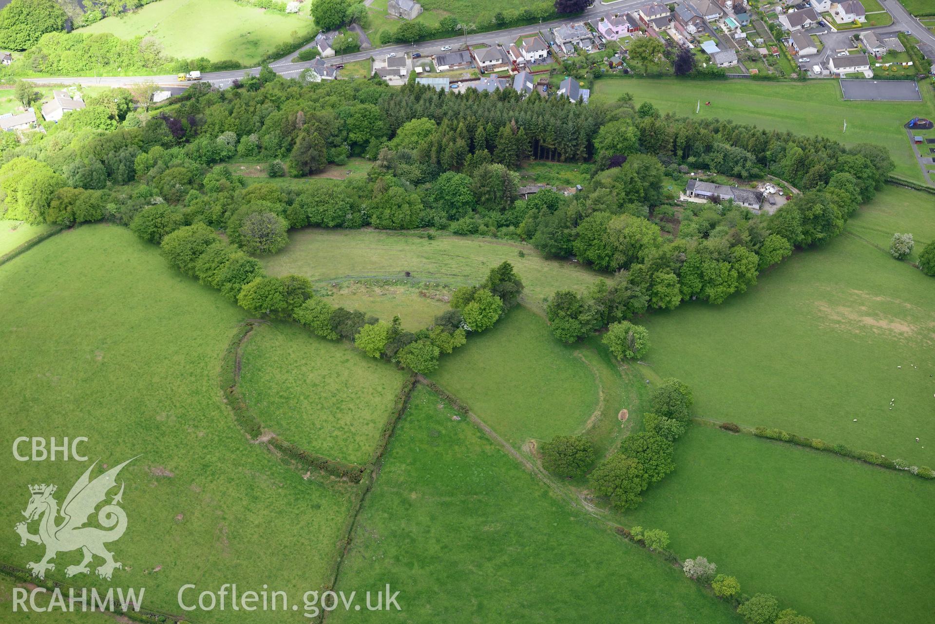 Pen-y-Gaer Hillfort, Llanybydder. Oblique aerial photograph taken during the Royal Commission's programme of archaeological aerial reconnaissance by Toby Driver on 3rd June 2015.