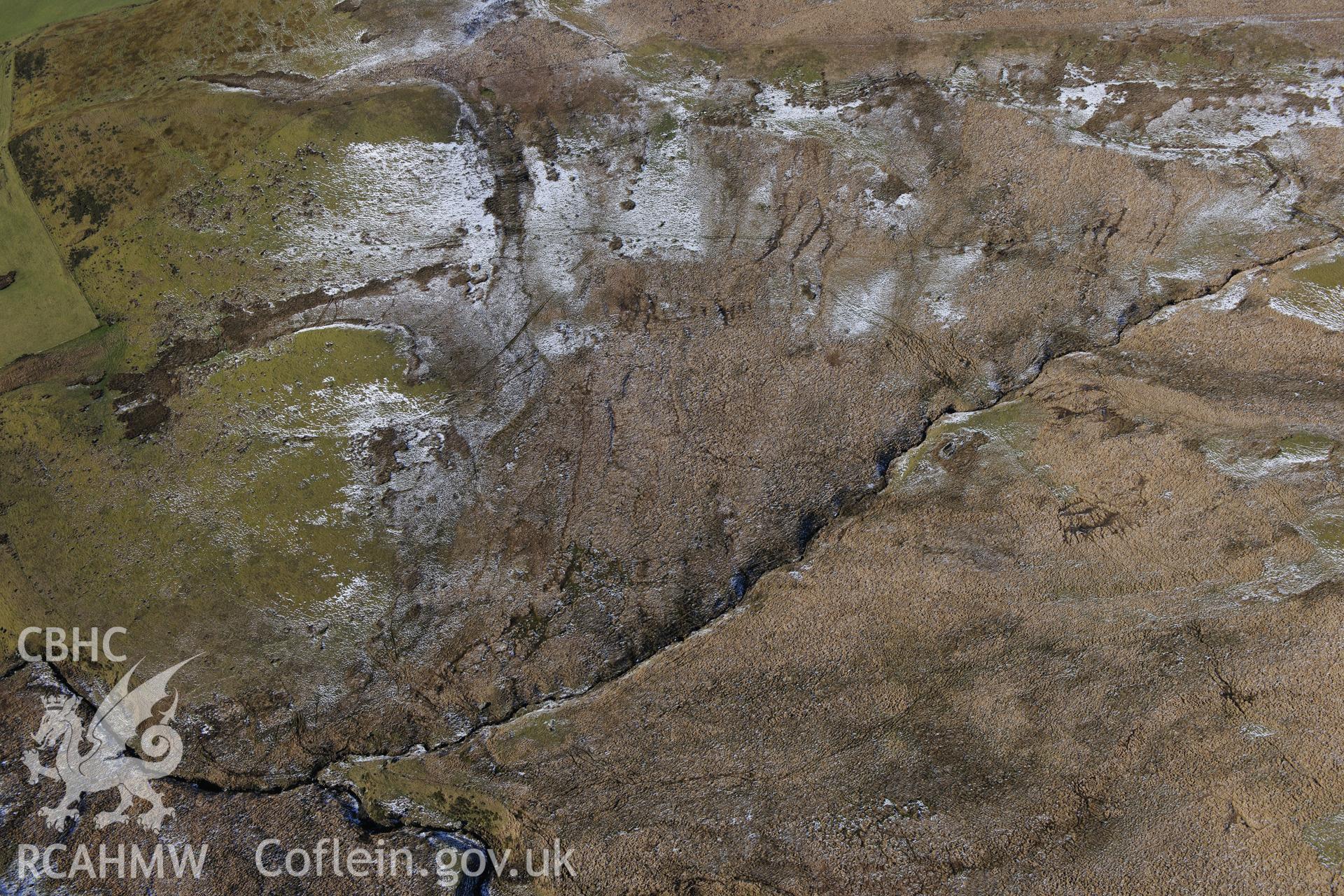 Blaen Brefi longhouse, south east of Tregaron. Oblique aerial photograph taken during the Royal Commission's programme of archaeological aerial reconnaissance by Toby Driver on 4th February 2015.