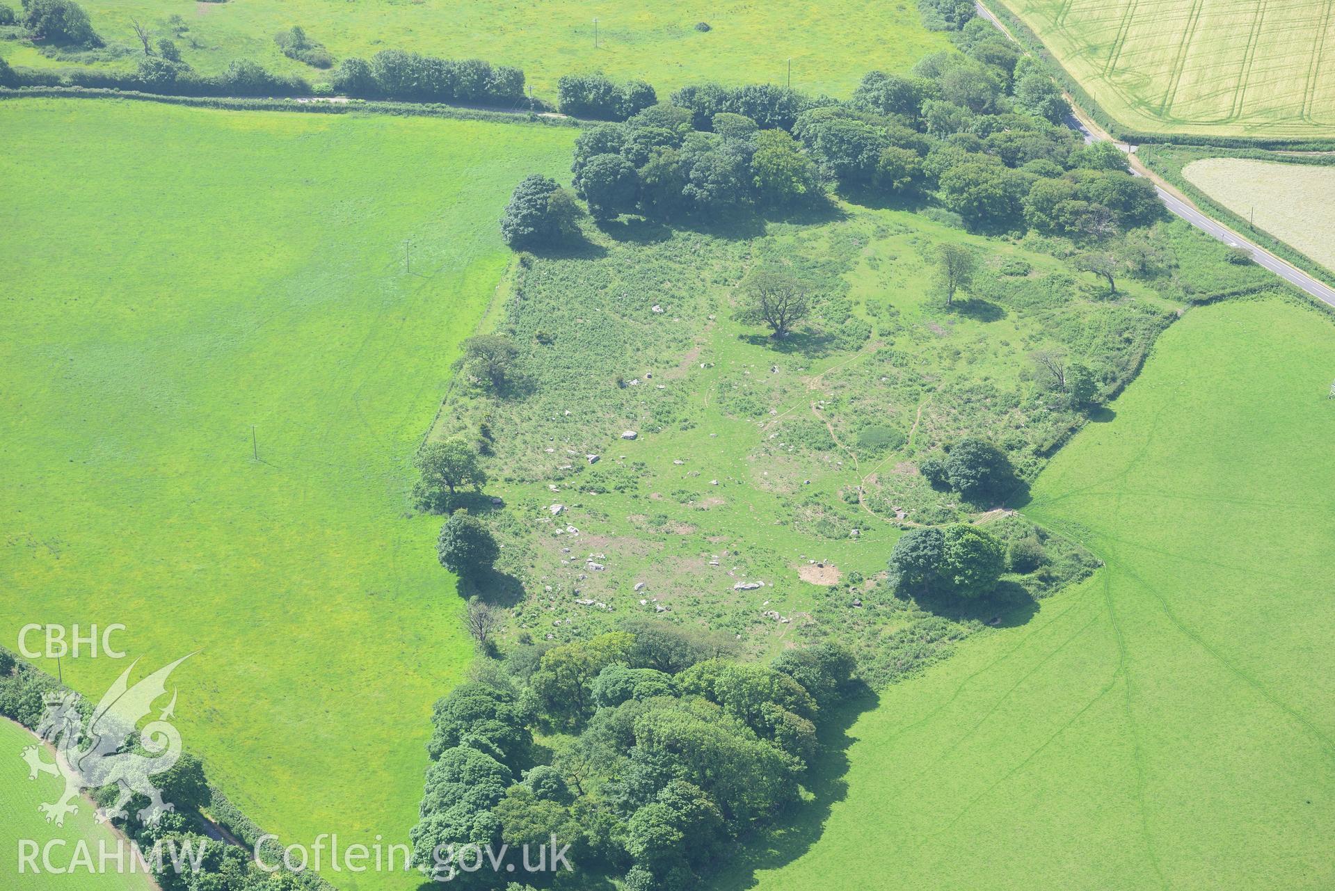 Suggested site of Llangewydd Castle. Oblique aerial photograph taken during the Royal Commission's programme of archaeological aerial reconnaissance by Toby Driver on 19th June 2015.