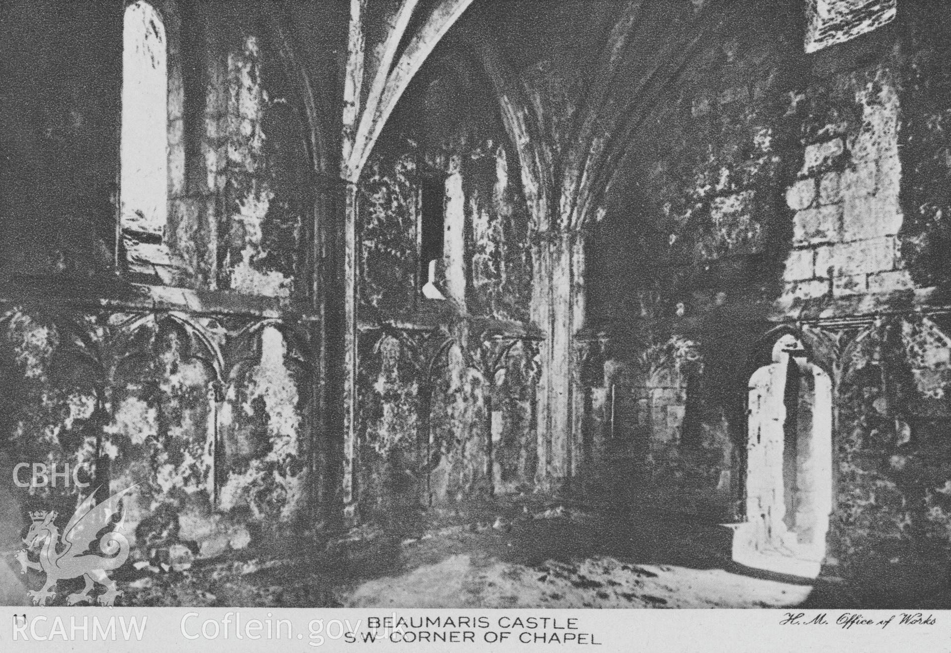 Digital copy of a postcard view showing the southwest corner of the chapel at Beaumaris Castle.