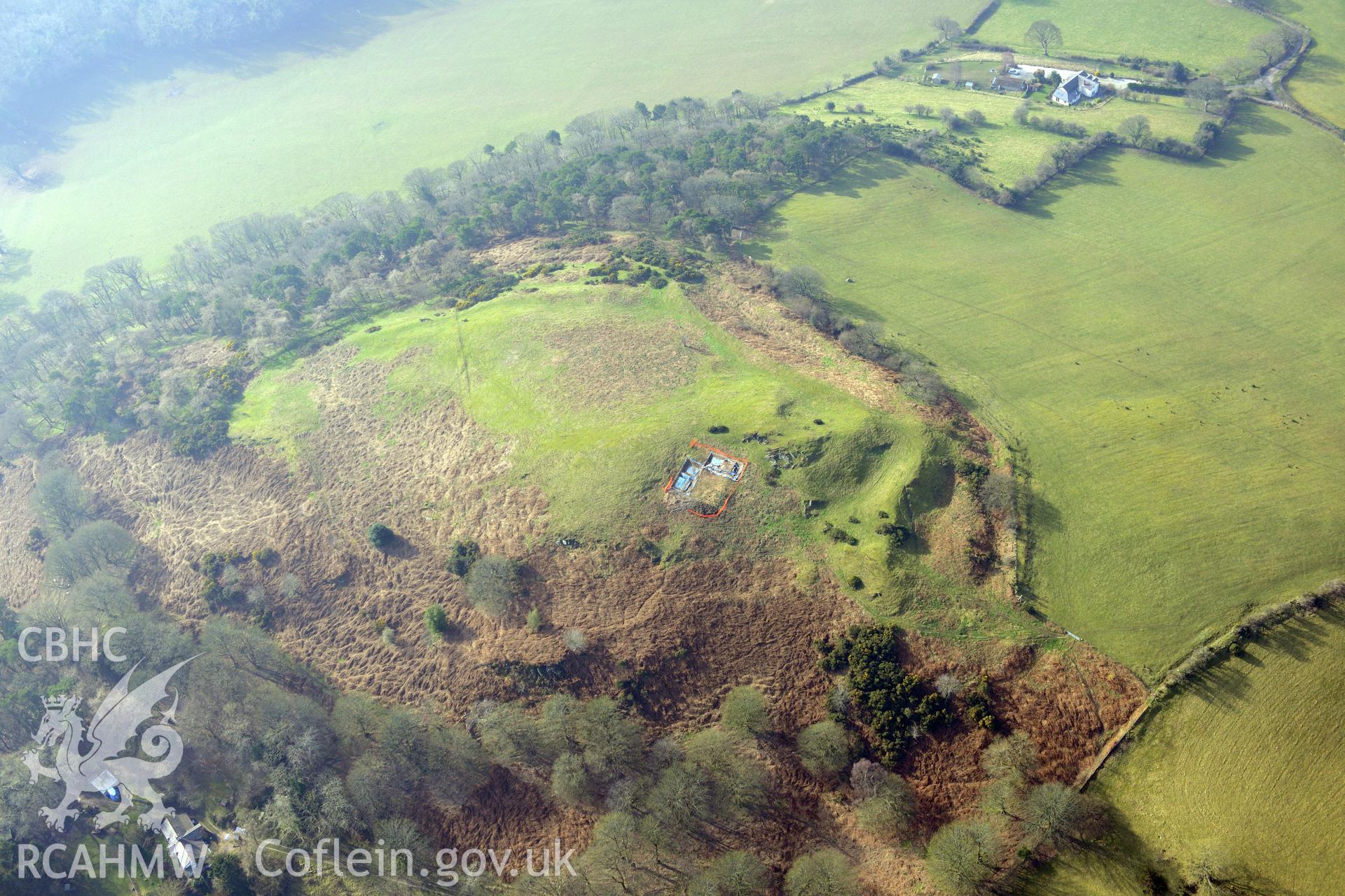 Moel-y-Gaer hillfort, Bodfari. Oblique aerial photograph taken during the Royal Commission?s programme of archaeological aerial reconnaissance by Toby Driver on 28th February 2013.